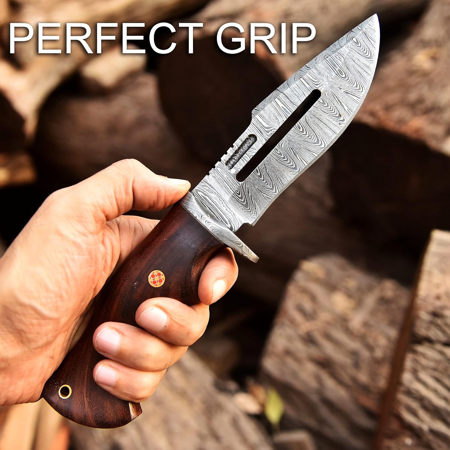 Handmade Damascus Hunting Knife with Leather Sheath - Ideal for Skinning, Camping, Outdoor - EDC Fixed Blade Bushcraft Knife with Walnut Wood Handle- Horizontal Carry Knives For Men-4002 - Image 3