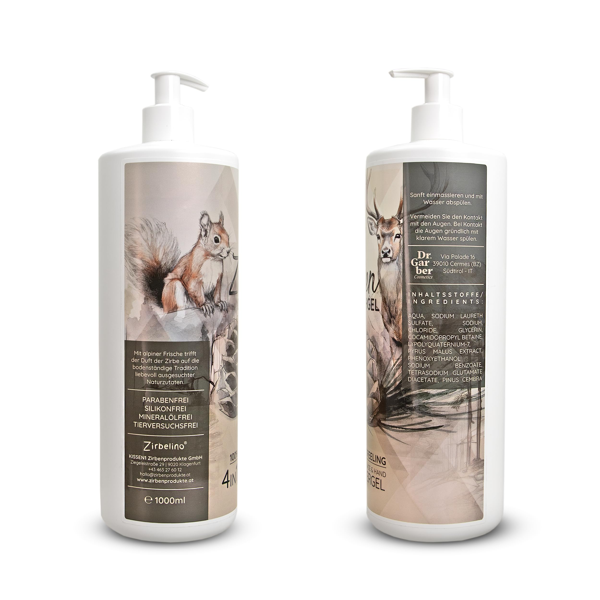 ZirbenDuschgel 4in1 - für Körper, Haare, Gesicht und Hände - mit praktischem Pumpspender - 1000ml