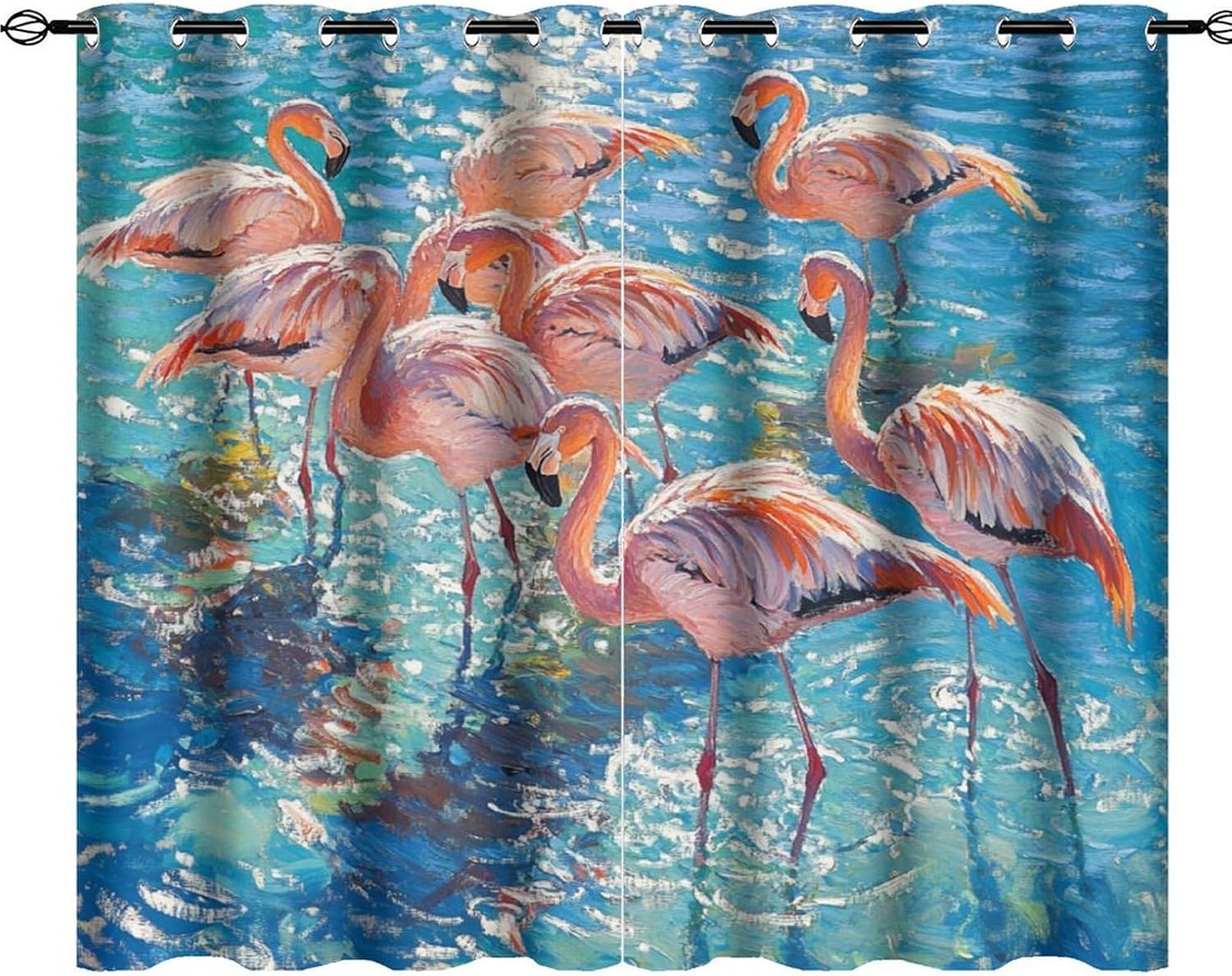 Abstract Flamingos Animal Grommet Blackout Curtains for Bedroom, Sky Water Coastal Ocean Thermal Insulated Curtains Room Darkening Window Drapes, 36W x 63L, 2 Panels