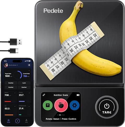 Küchenwaage Digitale ProfiFein waage Bluetooth-Verbindungs-App with LCD Display,Kaloriendatenanalyse Kitchen Scale,Erfassung von 27 Nährstoffen, Hohe Präzision 0.1g, Timer,Tara-Funktion Zahnrad-Taste