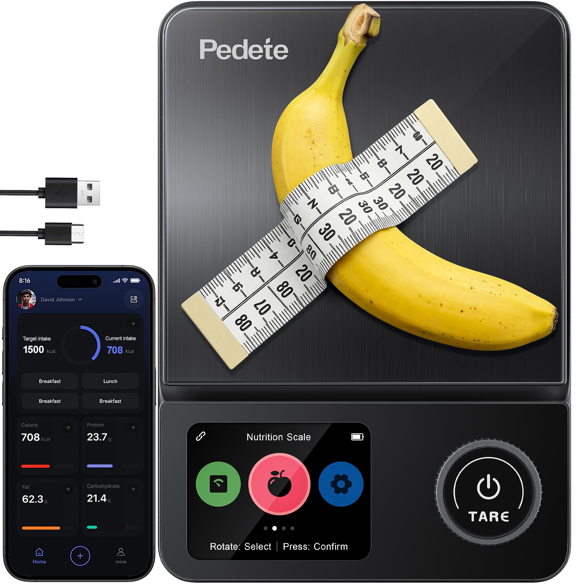 Küchenwaage Digitale ProfiFein waage Kitchen Scale mit LCD Display,Bluetooth-Verbindungs-App,Kaloriendatenanalyse, optionaler Nährwertanalyse,Tara-Funktion Zahnrad-Taste