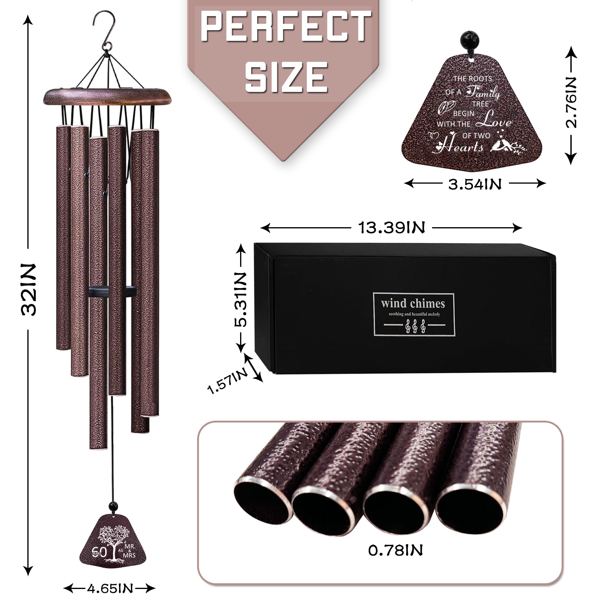 60th Wedding Anniversary Wind Chimes Gifts, Happy 60th Anniversary Decorations Gift for Parents Couple Husband Wife, Romantic 60 Year Anniversary's Keepsake Ideas Wind Chimes for Outside 32"