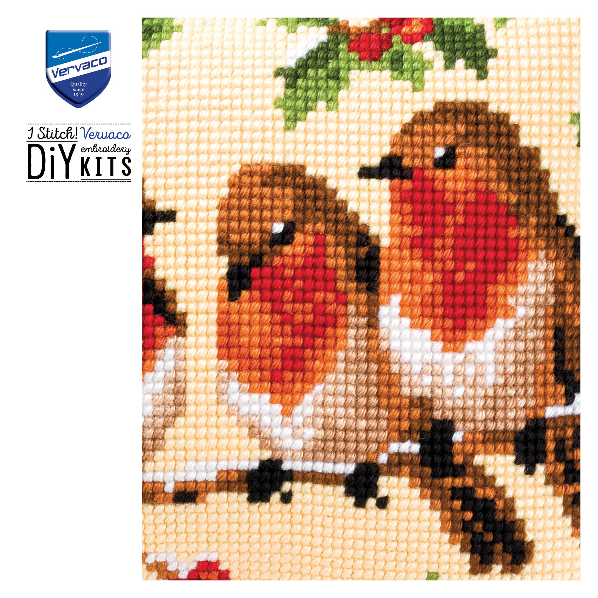 Vervaco Punto De Cruz Kit Cojin Decorativo 3 PETIRROJOS Manualidades Adultos Decoracion Bordar Kit Principiantes Completo DIY Bordado Creativo Regalo ca. 40x40 cm Cross Stitch Embroidery