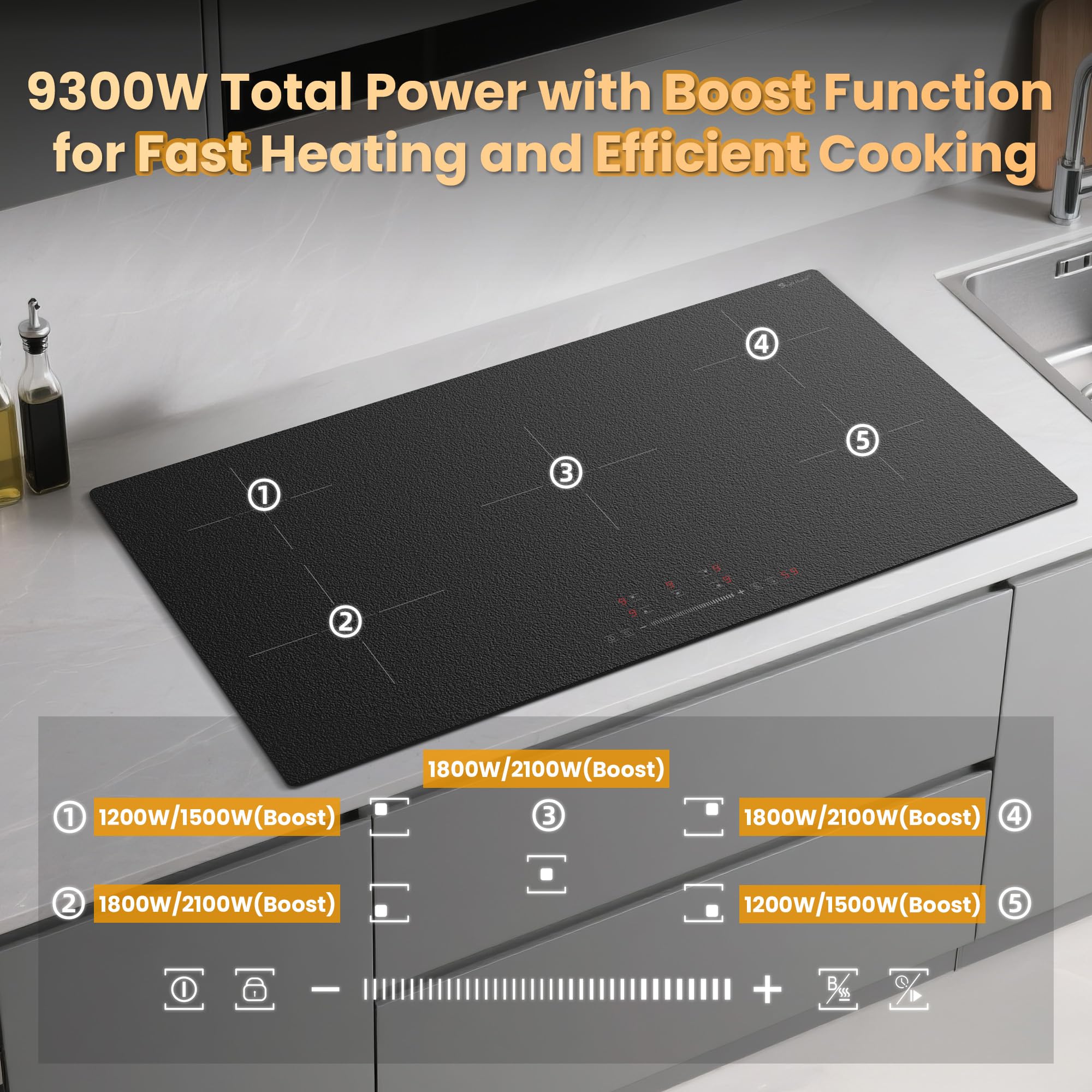 Placa Inducción 5 Fuegos, Placa Inducción 90 cm Vidrio Mate, Función Boost, 9 Niveles de Potencia, Temporizador 1-99 Min, Bloqueo Infantil, 9300W