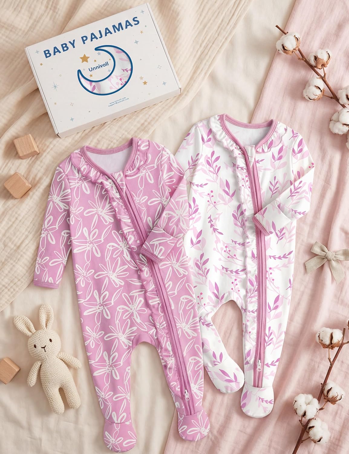 Unnivoll Rayon Made from Bamboo Baby Pajamas Baby Sleepers for Newborn 0-3 3-6 6-9 Months 2Pcs Footie Pjs Baby Girls Clothes