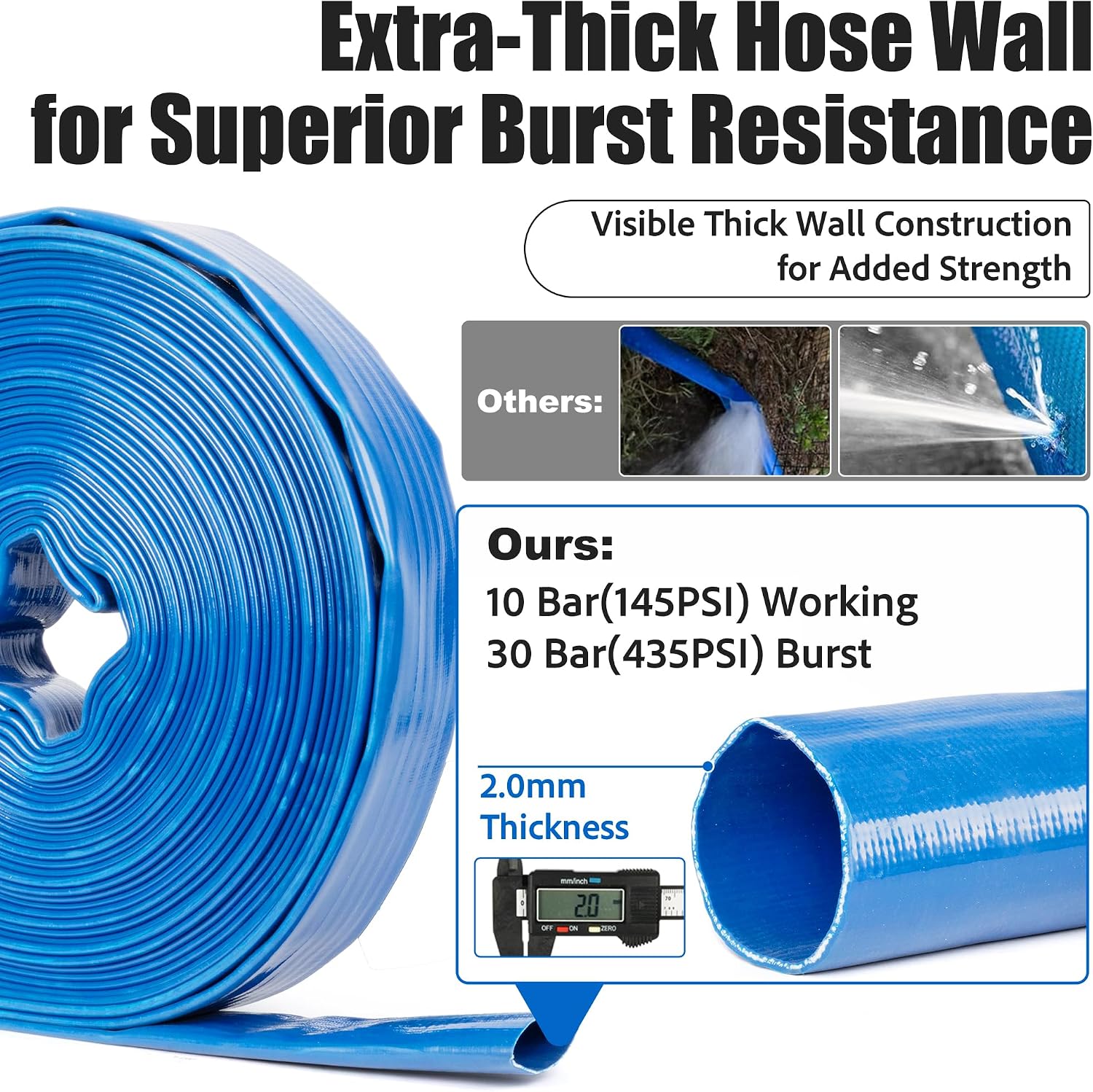 U.S. Solid 2 in x 100 ft PVC Lay Flat Hose, Reinforced Discharge and Drain Hose, 145 psi Working, 435 psi Burst, 2 mm Wall, 3-Ply Polyester, 4 Hose Clamps, for Construction and Gold Panning