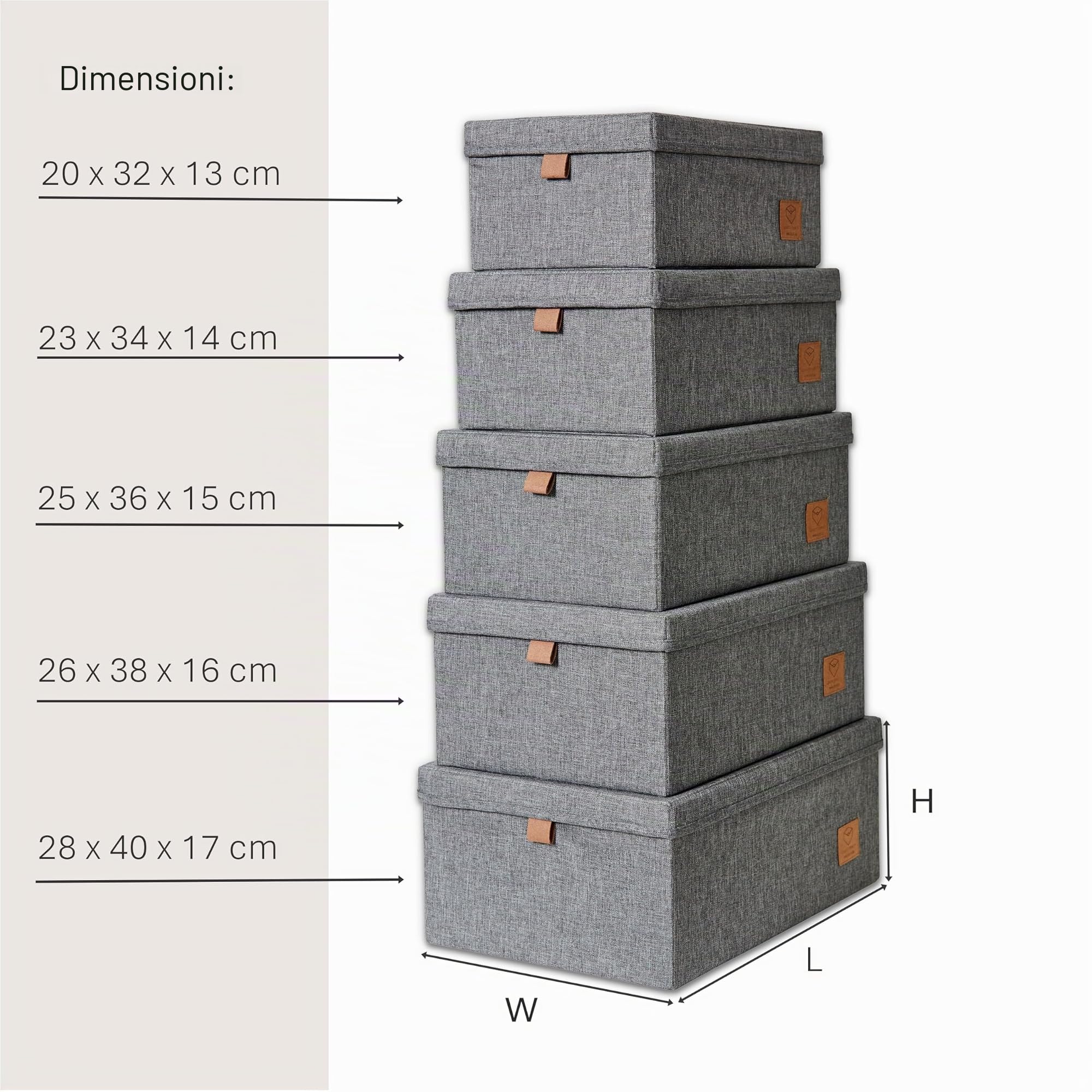 LOVE IT STORE IT Premium Scatola Porta Oggetti – Scatole Portaoggetti con Coperchio in Lino | Set 5 | Contenitori per Armadio Salvaspazio | Scatole Organizzazione Armadio | Grigio