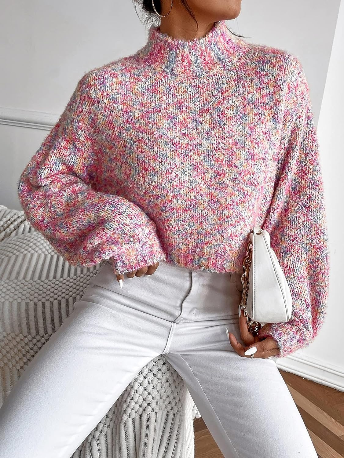 BEDAW Women's Sweater Drop Shoulder Space Dye Sweater Sweater for Women (Size : Small)