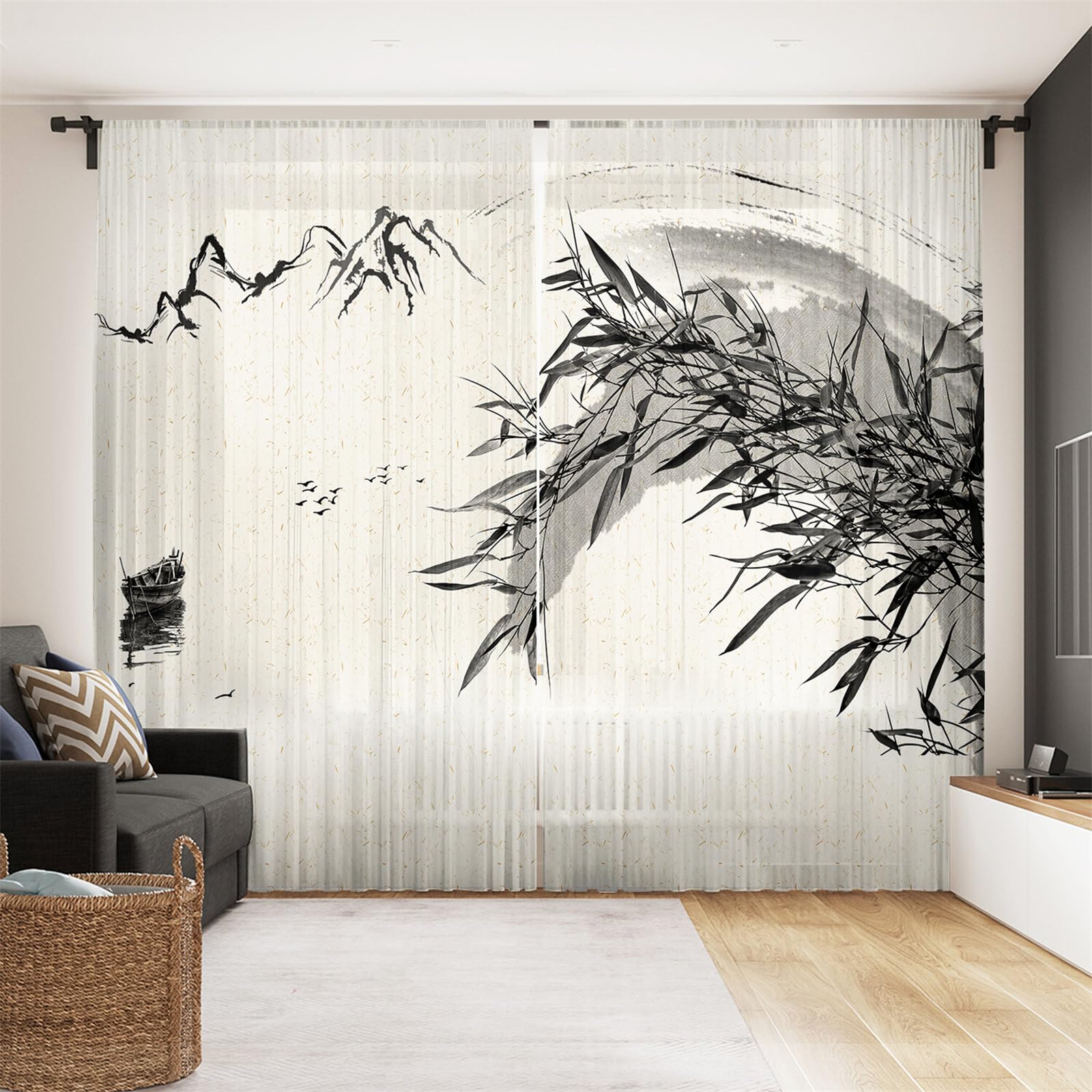 Surwin Net Curtains for Windows, Voile Curtain, 2 Panels Chinese Style with Eyelets, Semi Transparent Lightweight Voile Panel for Living Room Bedroom Balcony Decorative (Khaki,W132xH182cm)
