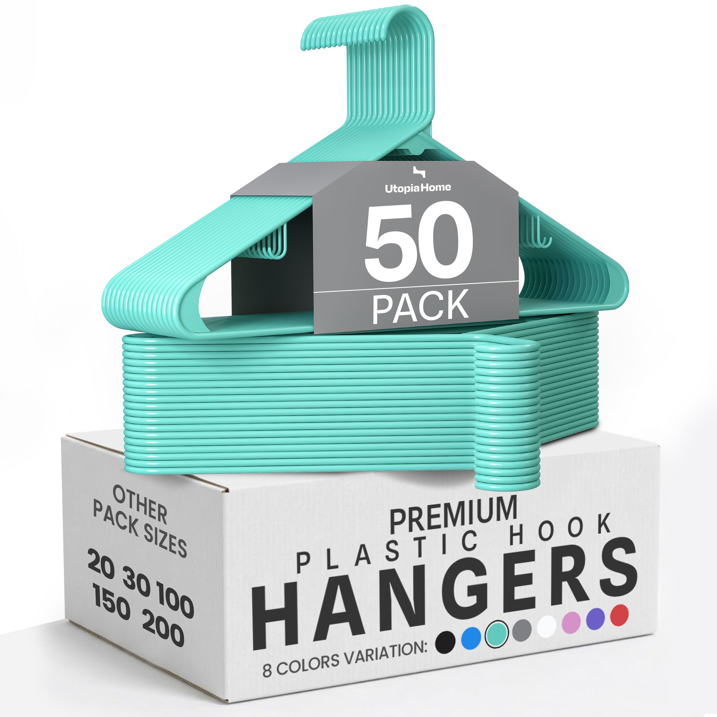 Utopia Home Plastic Hangers 50 Pack - Clothes Hanger with Hooks - Durable & Space Saving (Aqua)