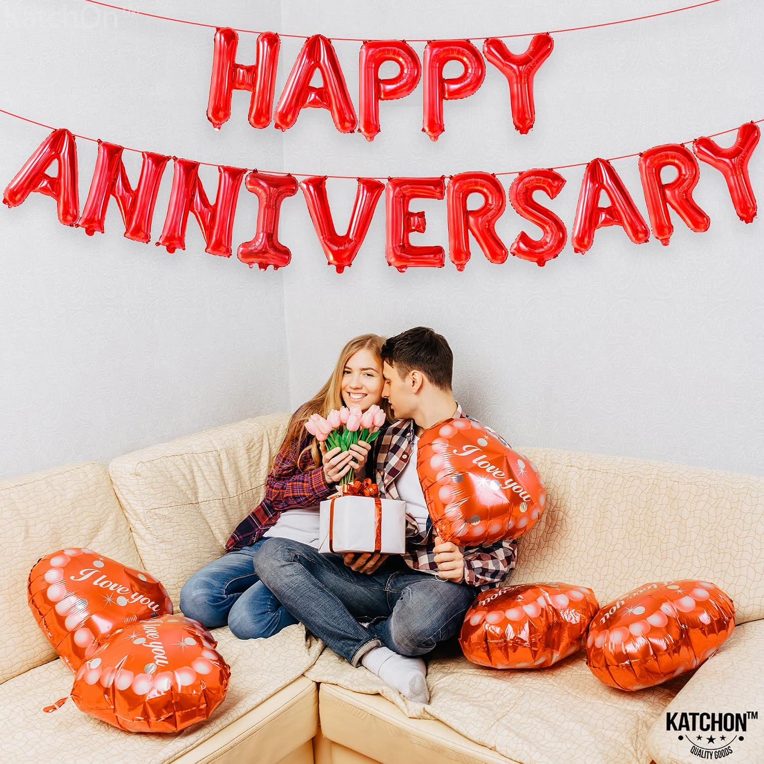 KatchOn, Red Happy Anniversary Balloons Banner - 16 Inch | Happy Anniversary Decorations | Red Happy Anniversary Backdrop