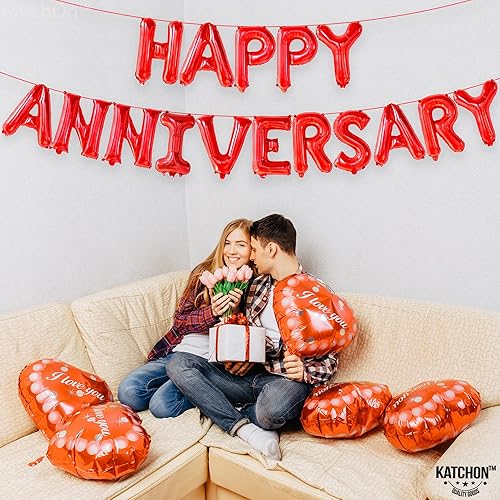 Miniatura 7 de KatchOn Letras de globos rojos de feliz aniversario 16 pulgadas pancarta de feliz aniversario para decoraciones de feliz aniversario telón de fondo