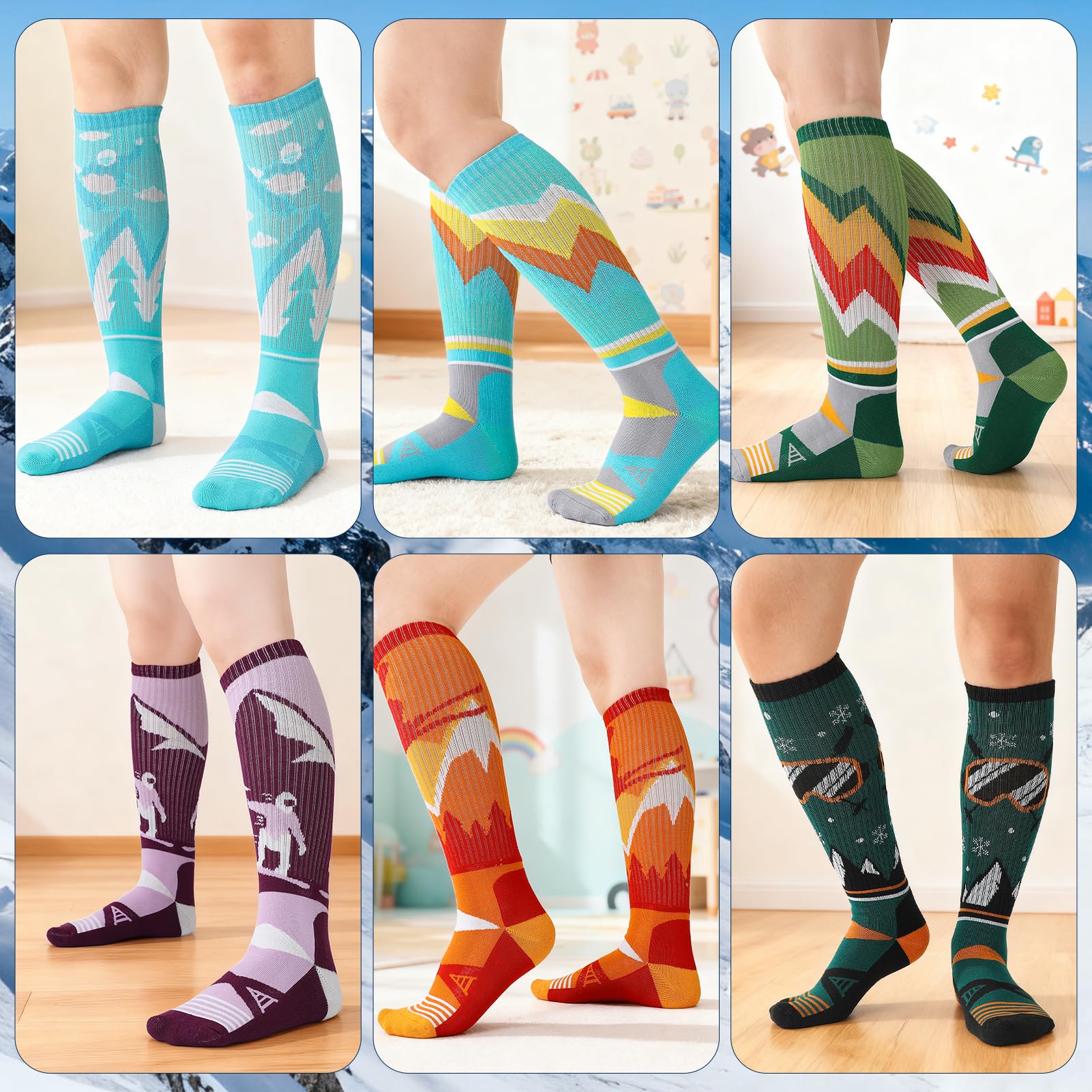 Lot de 6 paires de chaussettes de ski thermiques épaisses en laine mérinos pour garçons et filles - Chaussettes d'hiver pour le ski, le snowboard, la randonnée, les enfants de 8 à 12 ans
