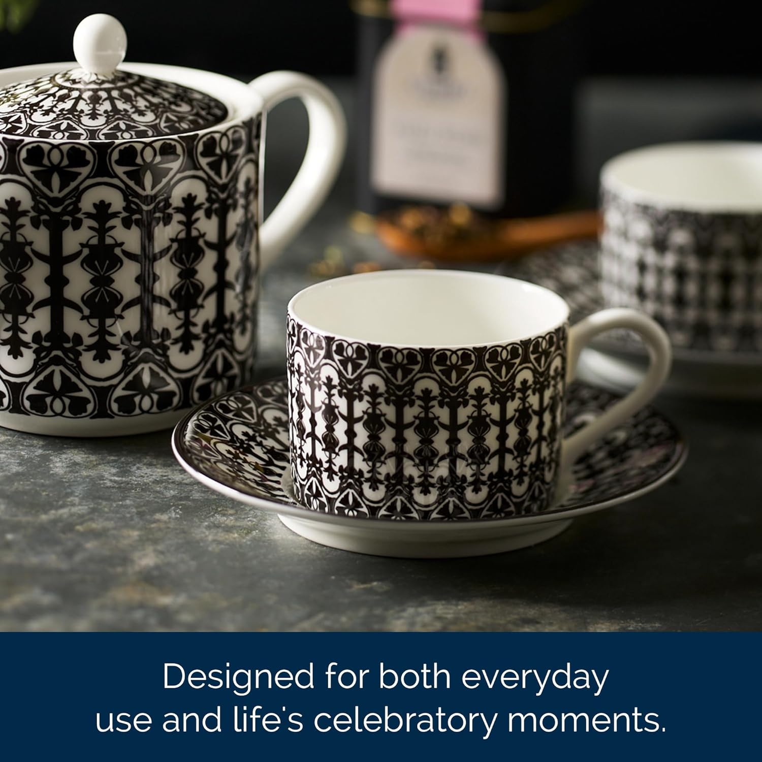 Caskata Casablanca Cups and Saucers Set of 2 | Bone China Black Teacups and Saucers for Entertaining or Everyday | Perfect for Wedding, Birthday, Christmas & Holiday Gifts | 6 oz