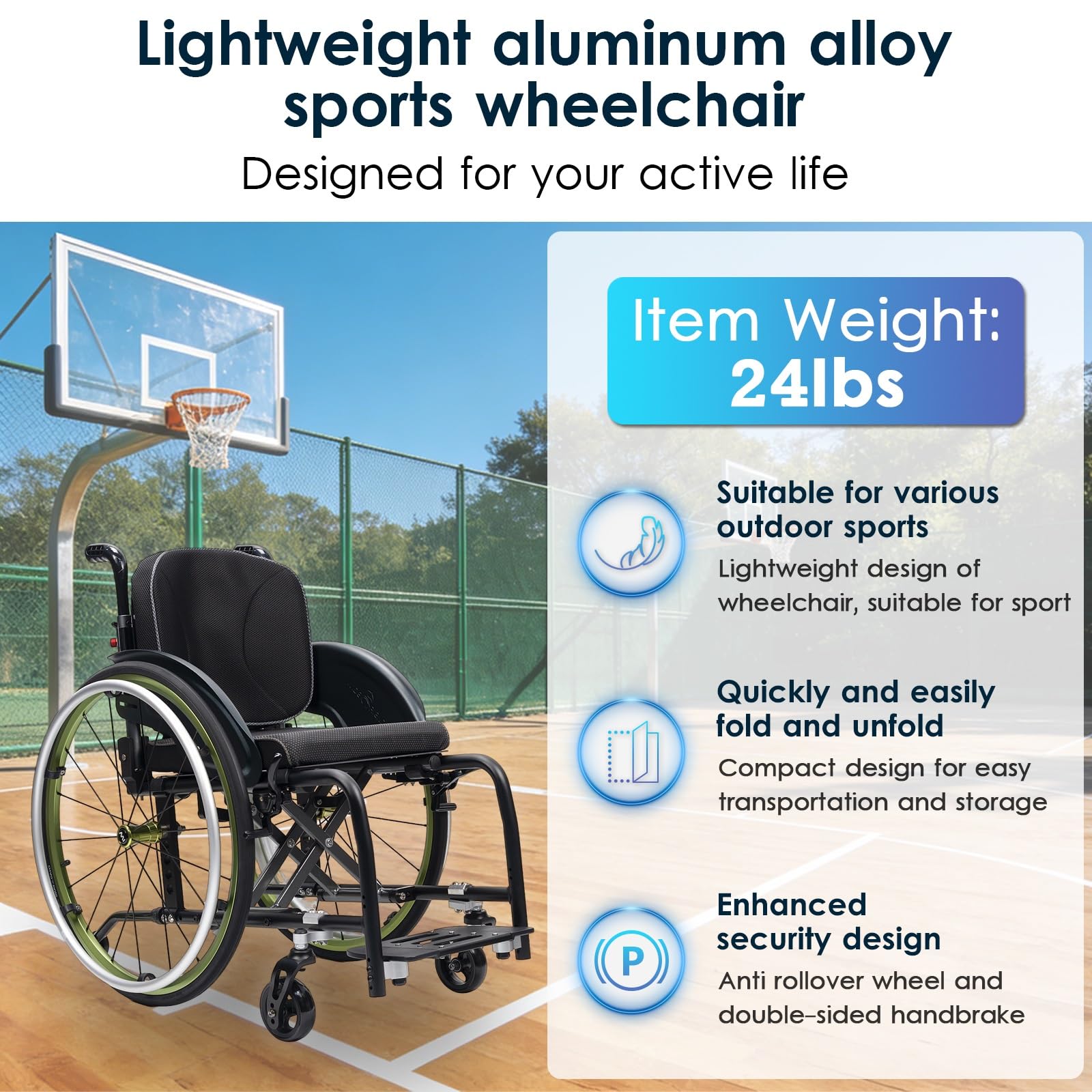 Silla de ruedas manual ligera, silla de ruedas deportiva ultraligera portátil todo terreno, silla de ruedas plegable, sillas de ruedas de transporte con antivuelco(Green B,38cm/15in)