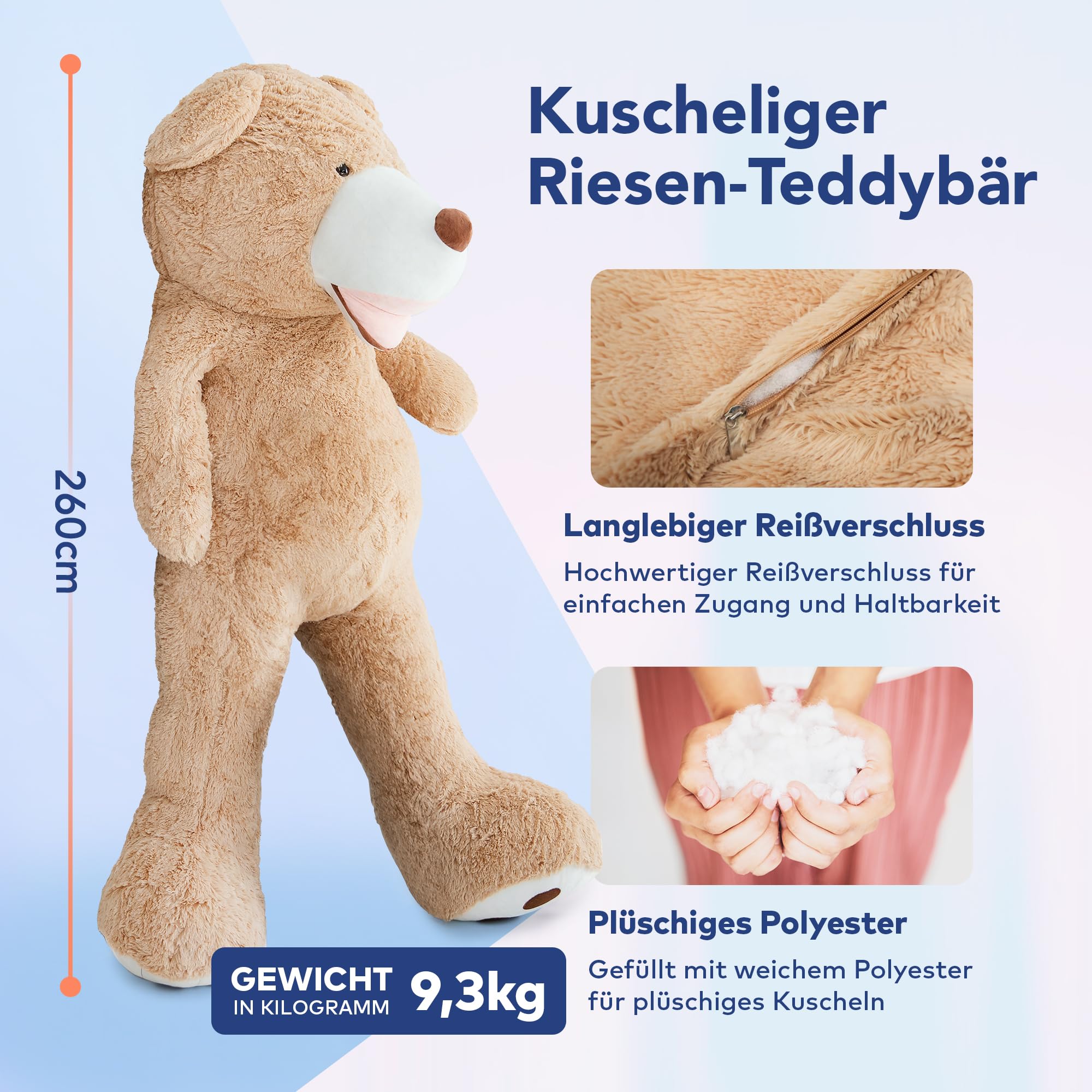 MKS Olbrzymi miś pluszowy XXL, 260 cm, duży pluszowy miś - oryginalny miś pluszowy brązowy (260 cm)