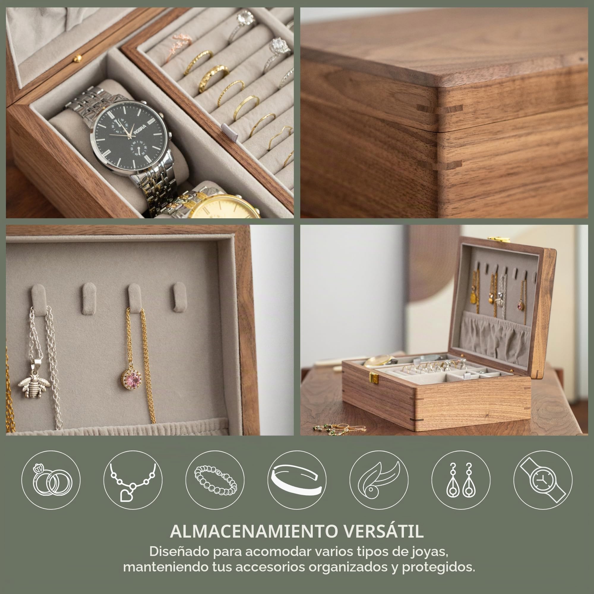 muso wood Joyero de madera de nogal auténtico, 2 niveles, caja de joyería de lujo, para collares, pulseras, pendientes, anillos, relojes, con cierre de metal