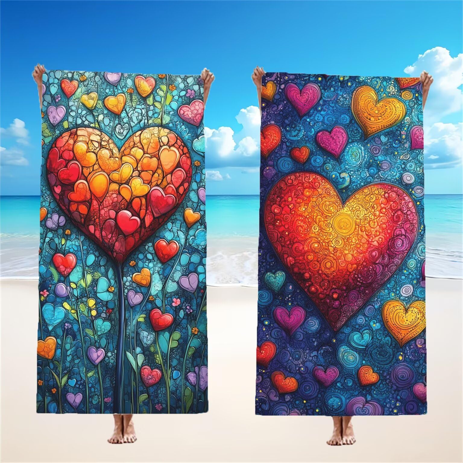 Couleur Serviette de Plage 100x200cm Lot de 2, Amour Serviette Microfibre Ultra Absorbantes Séchage Rapide Anti Sable Léger Transport Compacte Drap de Plage pour Piscine Voyages Femme et Homme, Model6