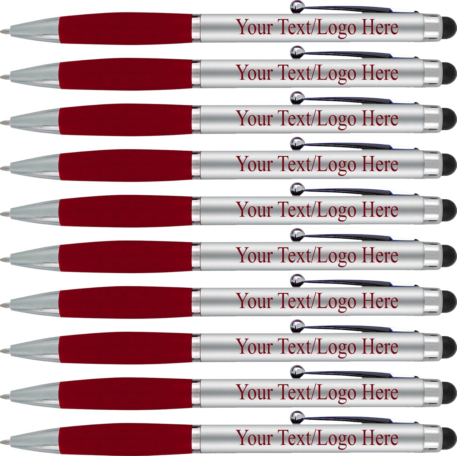 Personalized Pens With your Custom Logo or Text-300 Pack Bulk-for Businesses, Parties, and Events, 2 in 1 Ballpoint Pen & Capacitive Stylus Compatible with Touchscreen Devices, Silver/Red, Black Ink