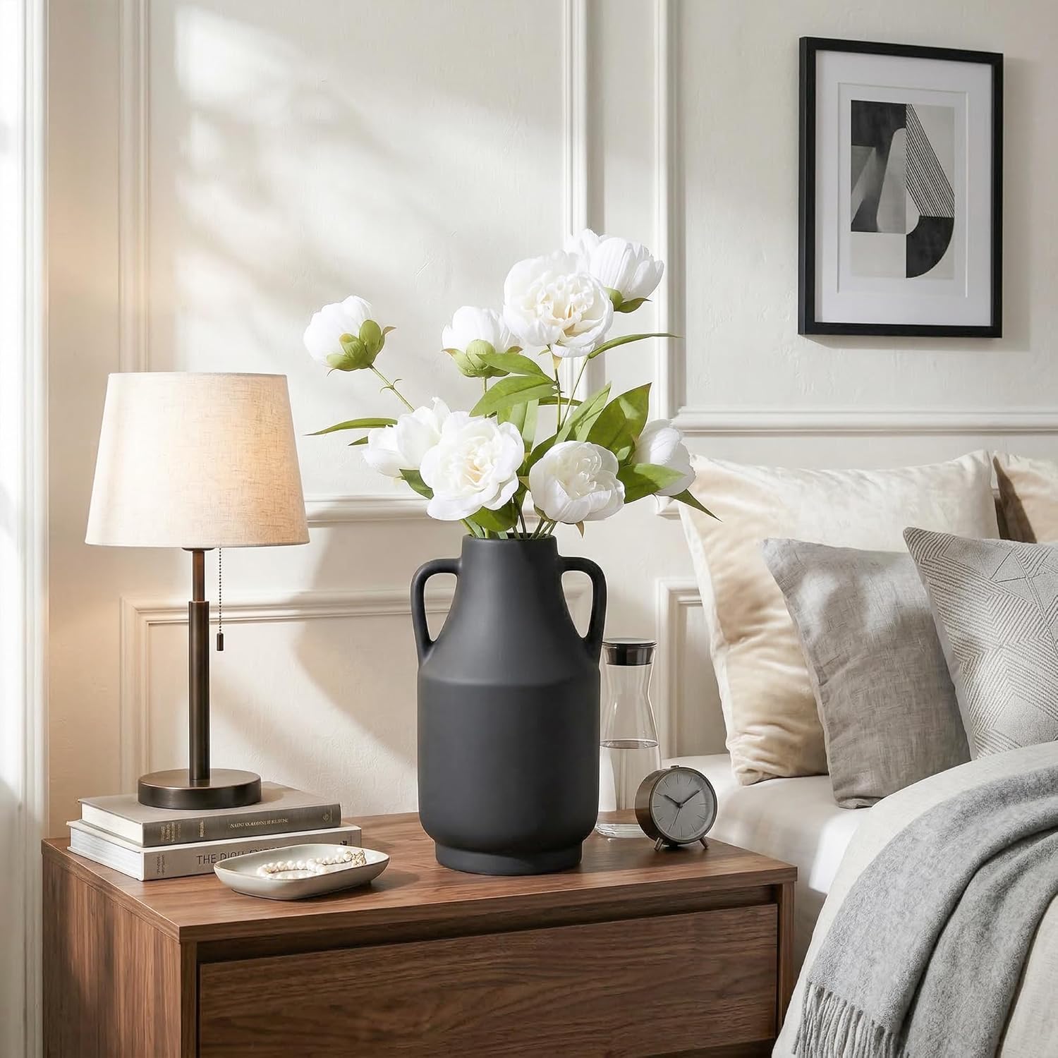 Black Ceramic Flower Vase with Handles, 11 in Tall Rustic Farmhouse Pottery Vases Decorative Large Vases for Living Room Entryway Kitchen Table Centerpieces Home Decor