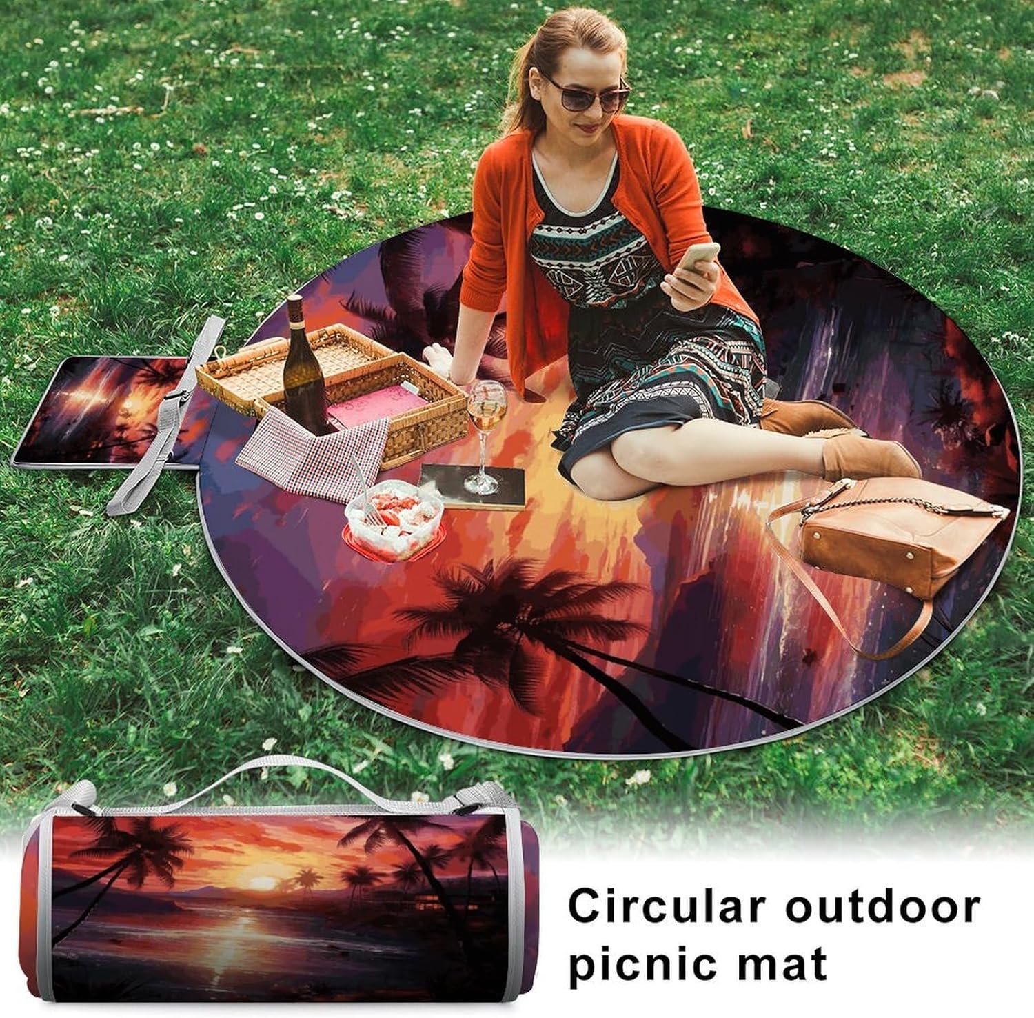 Colorful Tropical Sunset Picnic Mat Lightweight Waterproof Picnic Blankets Extra Large Picnic Outdoor Blankets Foldable Sandproof Beach Blanket for Park Beach Camping Courtyard 58.3''x58.3''