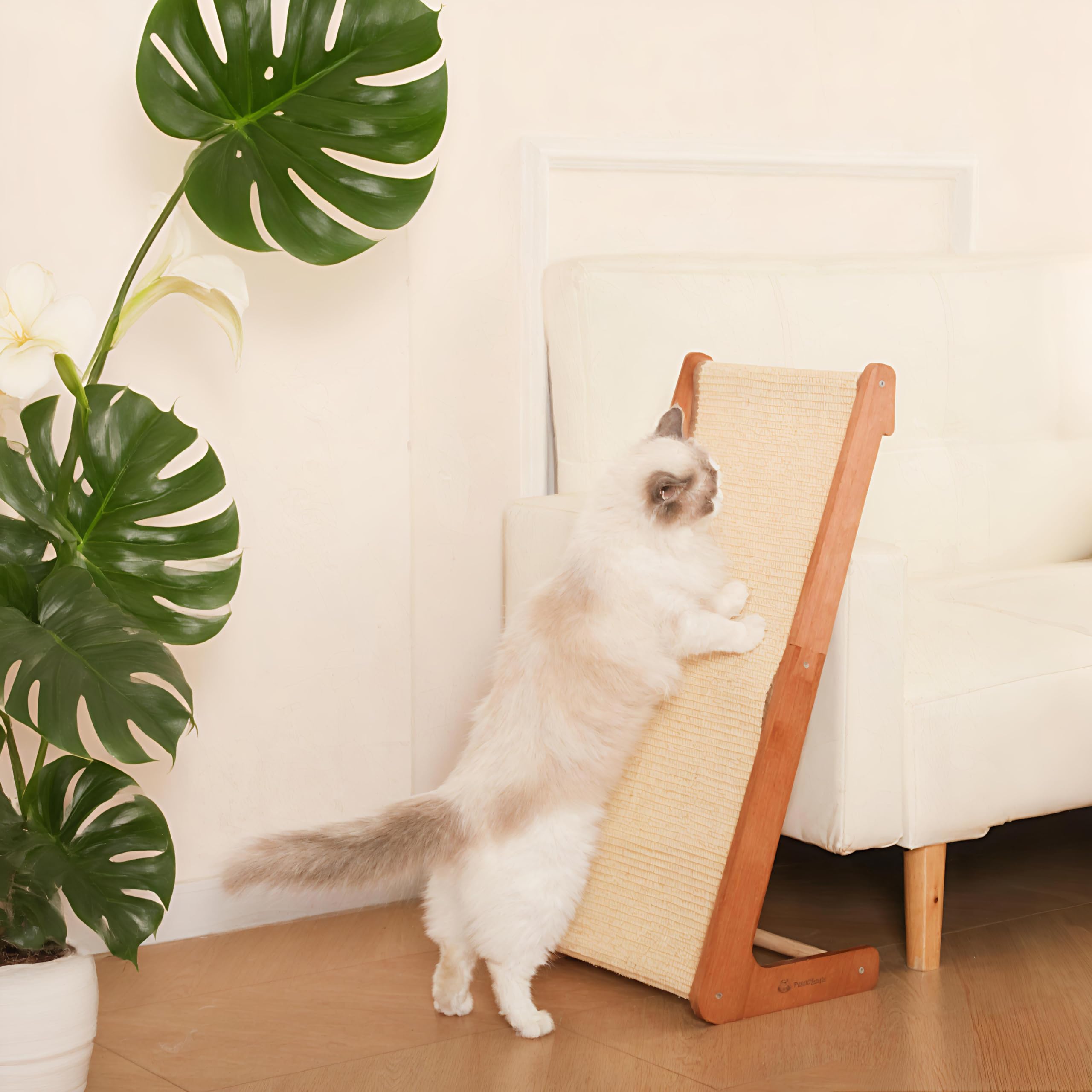 Large-28.5" Sisal Cat Scratcher of L-Shaped Solid Wood Cat Scratching Post - Beechwood Base, Natural Sisal Woven Scratching Pad, Durable, Furniture