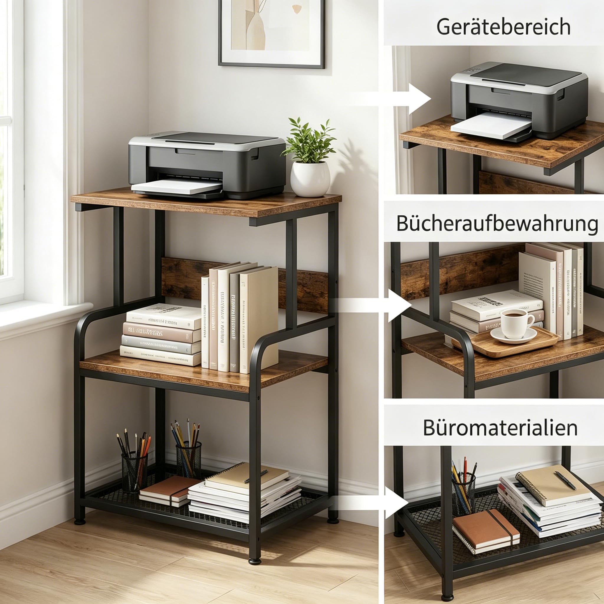 Mesa de impresión de 3 niveles con ruedas, soporte para impresora de madera y metal, 50 x 40 x 80 cm, mesa enrollable de hasta 70 kg, estilo industrial para impresora 3D y oficina en casa