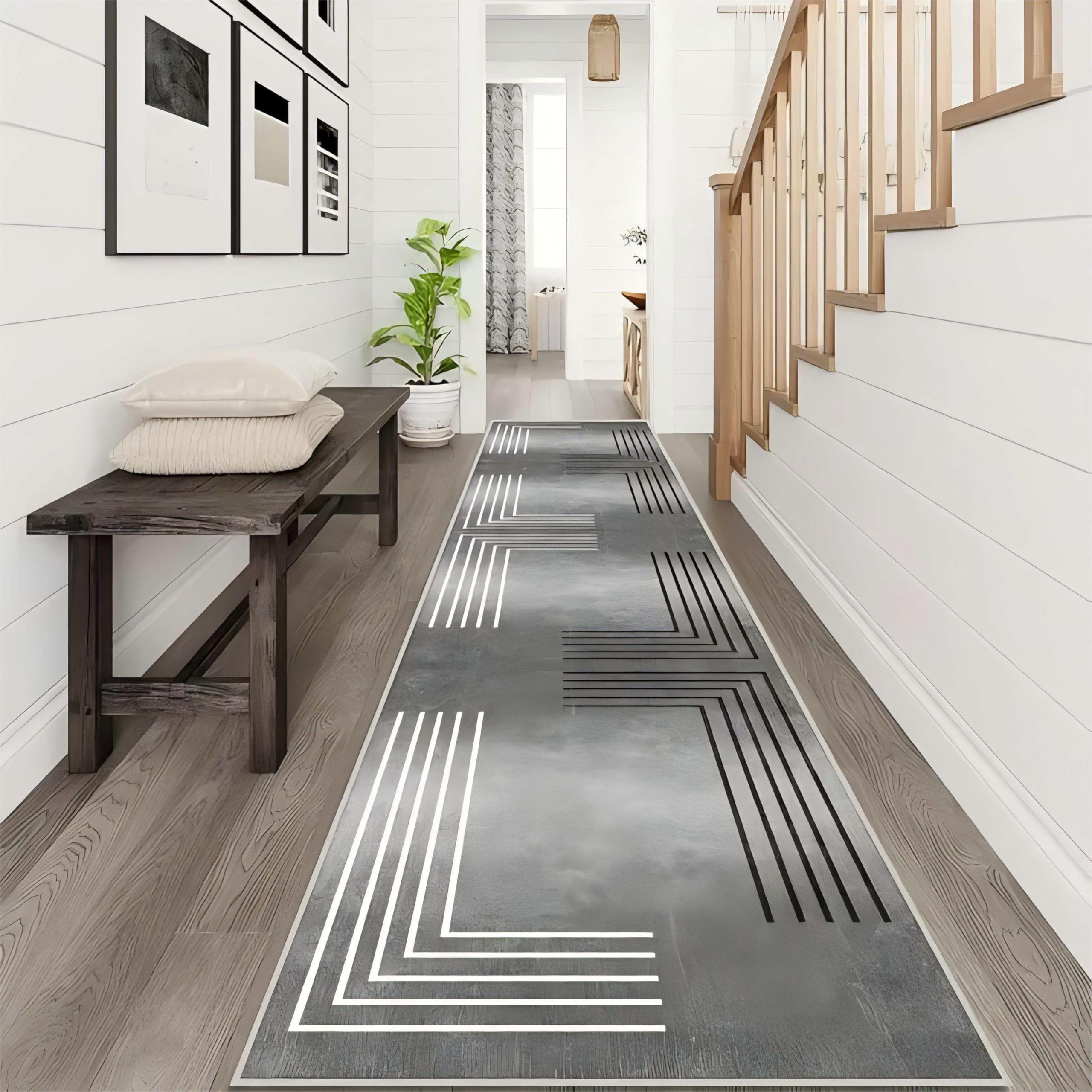 European Style Carpet, 80x150cm Stylish Modern Black and White Line Runner Rug, Soft and Comfortable Nordic Light Luxury Gray Hallway Rugs, Foldable and Easy to Clean Bedroom Office Rug