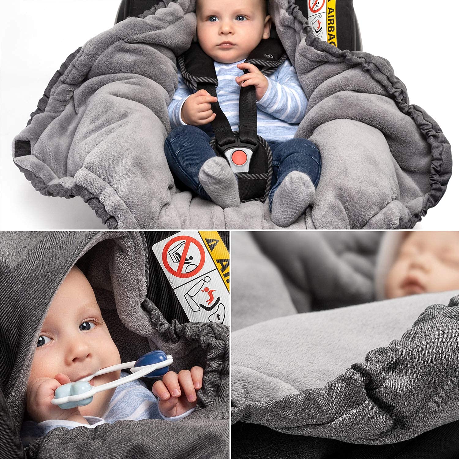 Zamboo Coperta Neonato con Aperture per Cinture e Borsa - Copertina Ovetto Invernale utilizzabile come Sacco a Pelo - Grigio