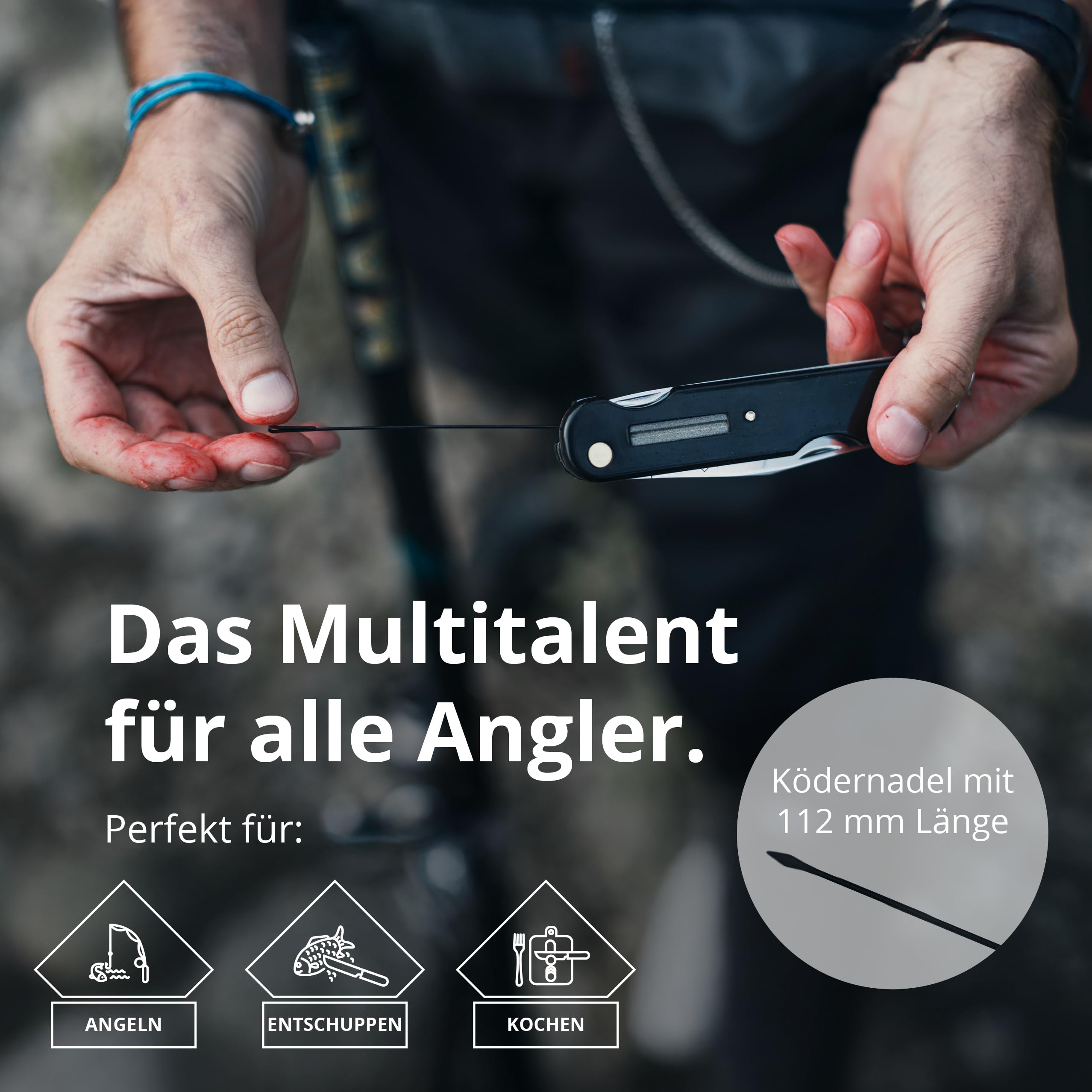 PUMA TEC - Universal Anglermesser 863 – Klappmesser für Angler mit 95 mm Klinge, 2,5 mm stark – Slip-Joint Arretierung – Schuppenschaber mit Hakenlöser & Flaschenöffner – mit Ködernadel & Schleifstein