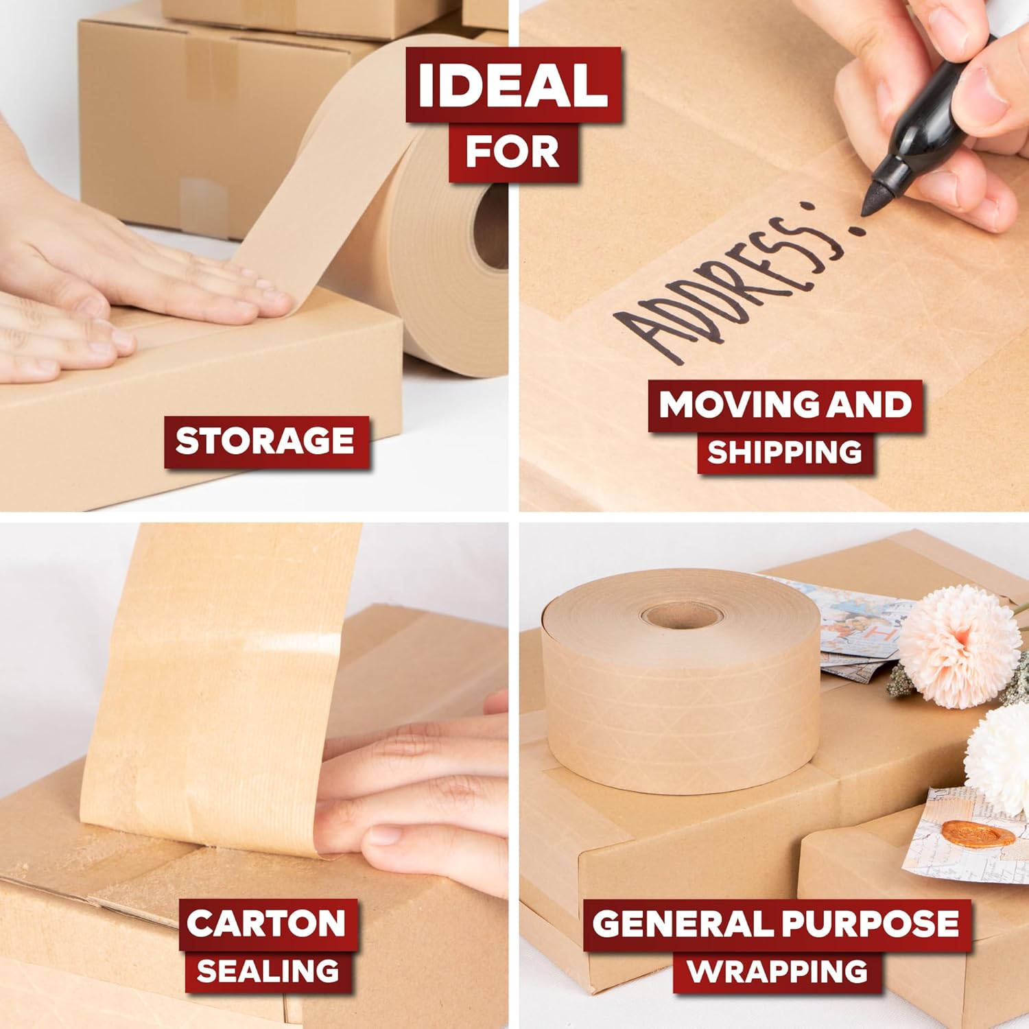 XFasten Water Activated Tape Brown with Reinforced Fiberglass Backing 2.75-Inch x 375-Feet (8-Pack, 3000ft Total) Water Activated Gummed Paper Tape Brown Kraft Paper Packaging Roll for Moving Boxes