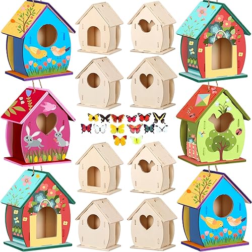 Outus 24 Pieces Wooden Bird House Kits Bulk Birdhouse Craft Kits for Kids to Build DIY 4 Shapes Unfinished Bird House with Watercolor Pen and