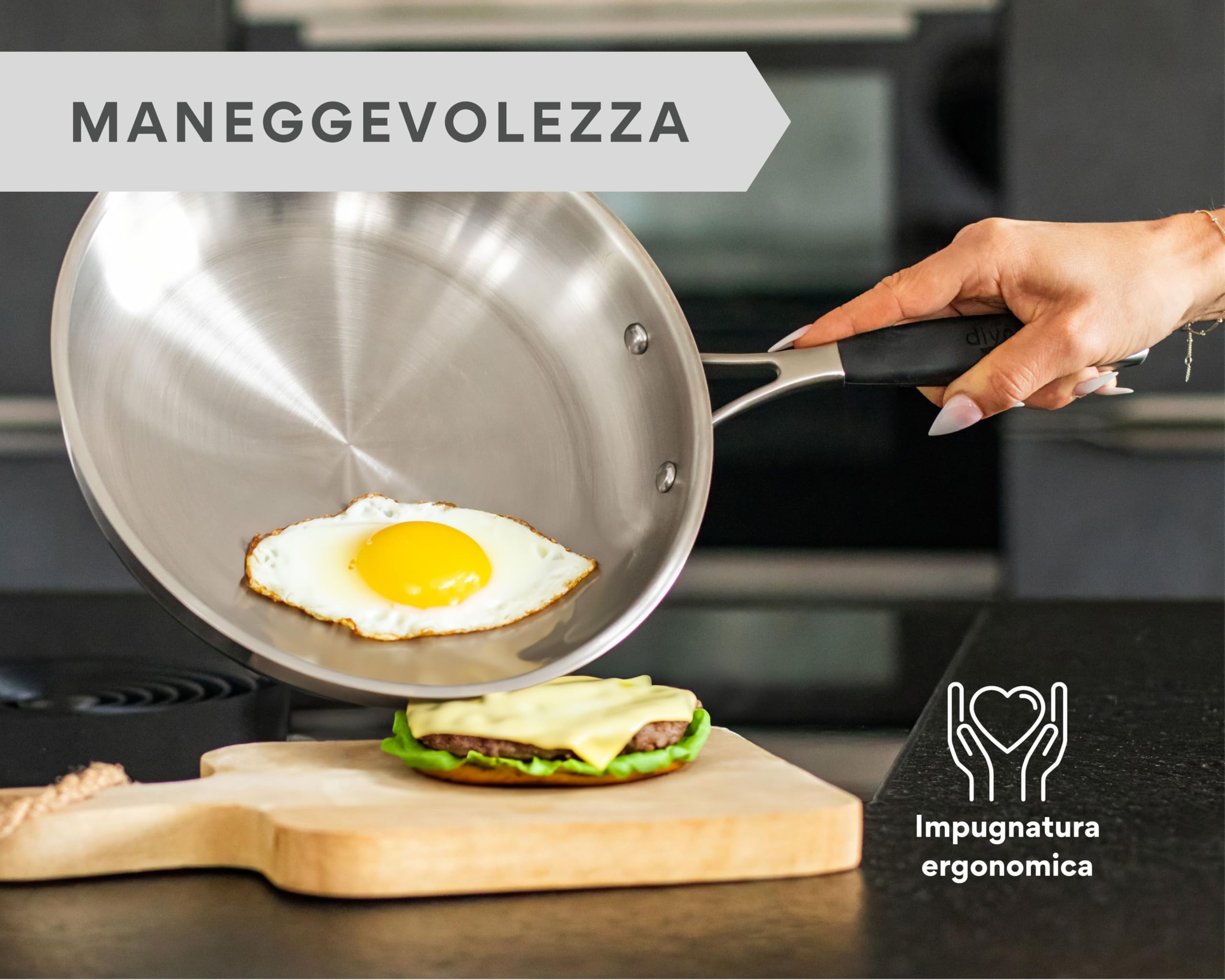 DIVORY Set di padelle in acciaio inox da 20, 24 e 28 cm – Padelle senza rivestimento, prive di PTFE e PFOA, in acciaio inossidabile (PURA)
