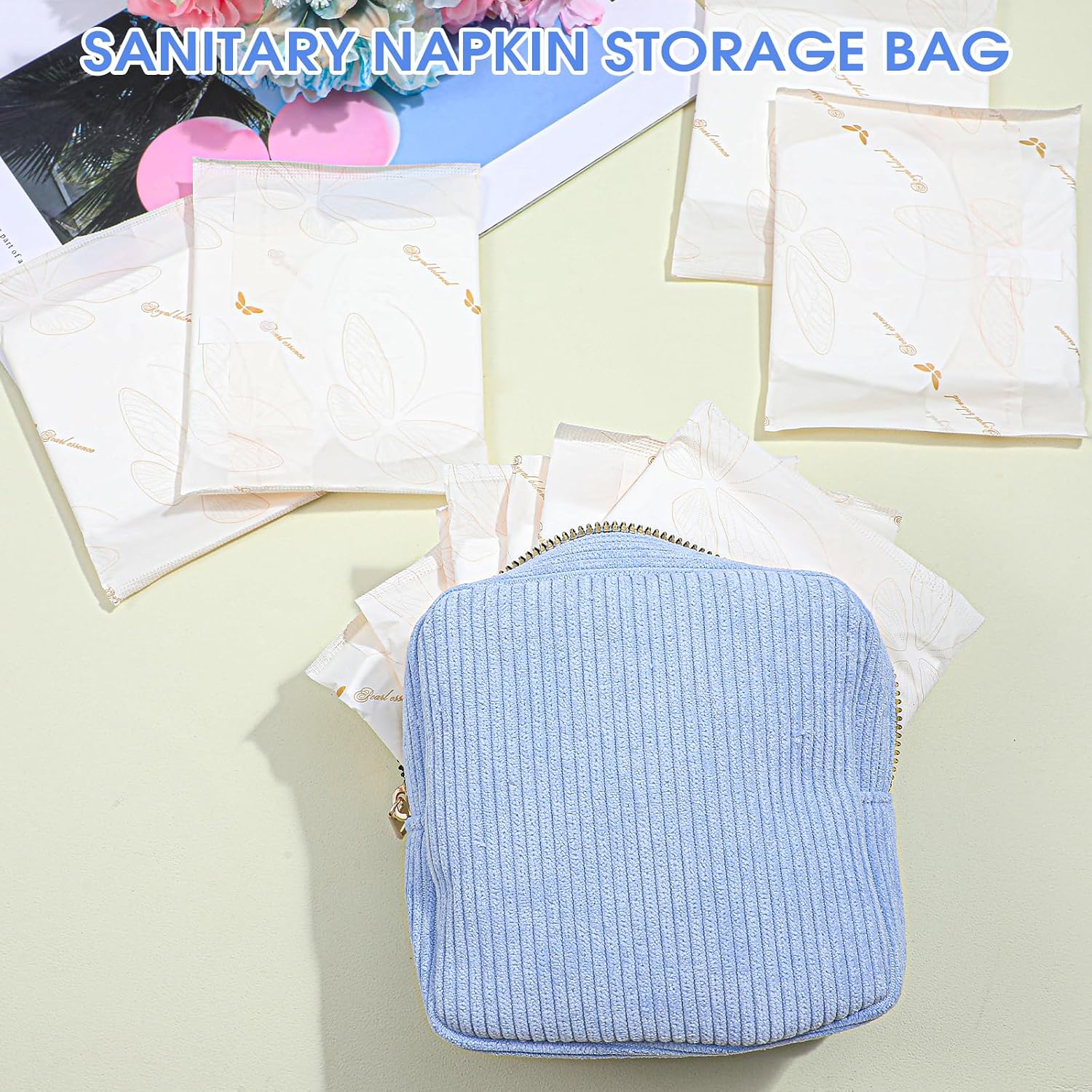 Xinjoduz 1 PCS Sanitary Napkin Storage Bag, Mini Makeup Bag with Zipper Corduroy Period Bags for Teen Girls for School Small Square Cosmetic Pounch Menstrual Pad Bag Tampon Holder for Purse (Blue) image 5