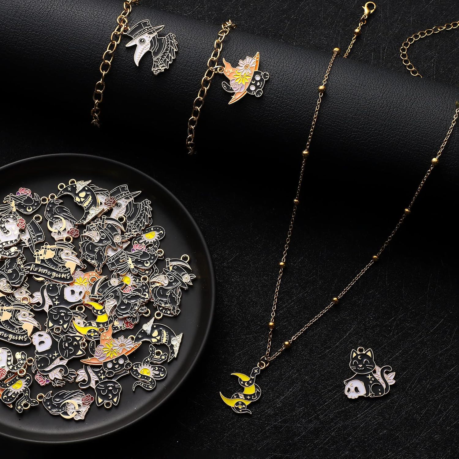 Sasylvia 48 Pcs Halloween Charms for Jewelry Making Black Gothic Charms Include 12 Style Crow Skull Snake Cat Moon for Halloween Party Decoration Gifts DIY Art Craft - Image 7