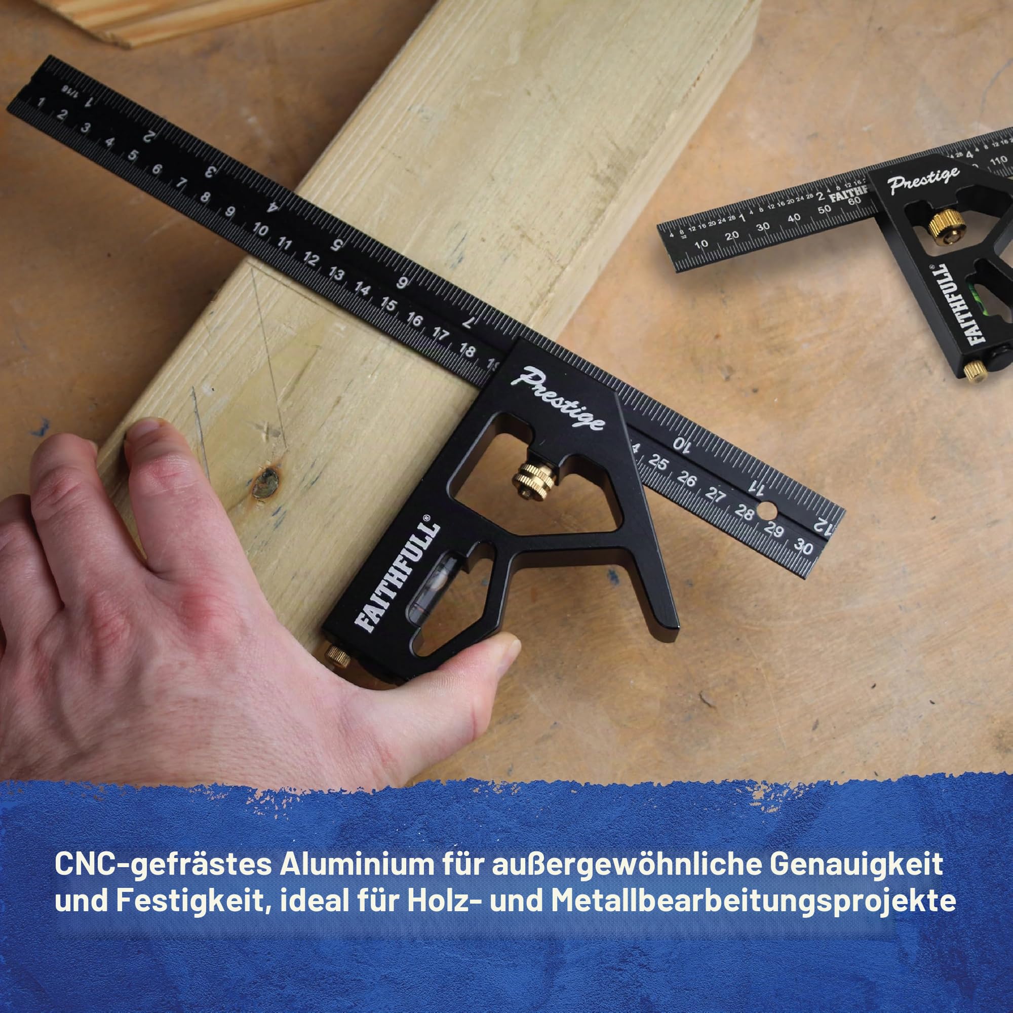 Faithfull Prestige Kombinationswinkel Doppelpack, Schwarz, Aluminium, 150 mm (6 Zoll) & 300 mm (12 Zoll) – Multifunktionales Mess- und Anreißwerkzeug mit Wasserwaage und Anreißnadel