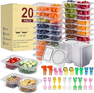 20 Pack Reusable Snack Containers with Lids, Double Compartment Snack Containers for kids & Adults -2 Compartment Condiment Containers, Dishwasher & Microwave Safe, for Portion Control, Meal Prep