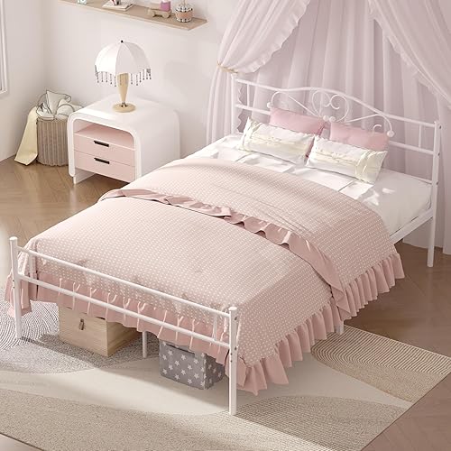 Miniatura 4 de VECELO Base de cama de plataforma metálica de tamaño matrimonial de 14 pulgadas con cabecero y estribo, base de colchón resistente con soporte de