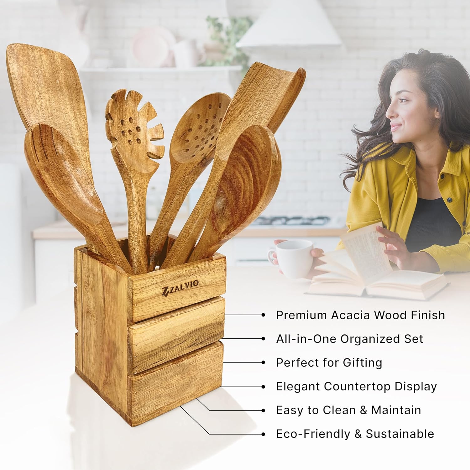 Zalvio 12-Piece Acacia Wood Kitchen Utensil Set – Wooden Spoons with Holder & Spoon Rest | Handmade Cooking Tools in Premium Gift Packaging