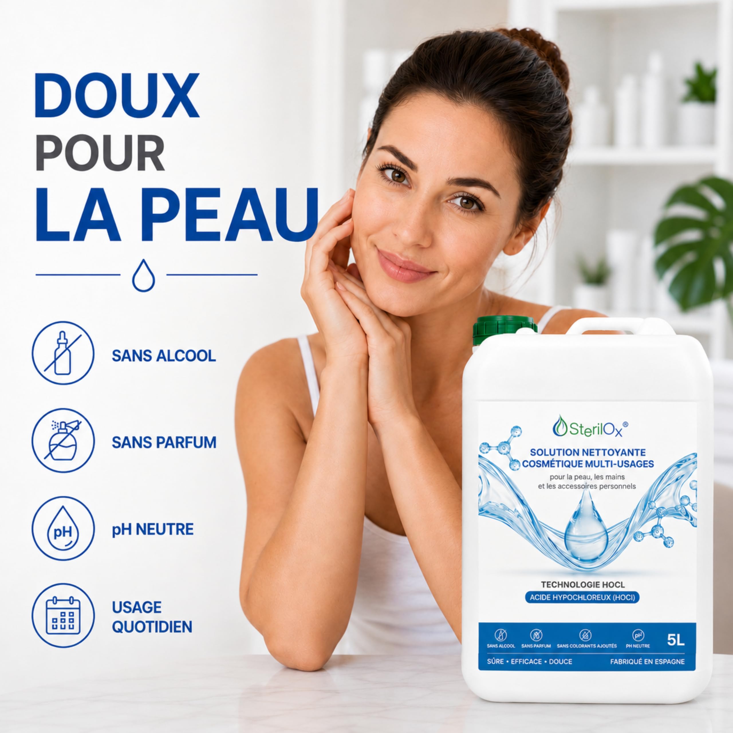 5 L – Solution hygiénique universelle à base d’acide hypochloreux (HOCl), sans alcool ni parfum, pour usage domestique et professionnel