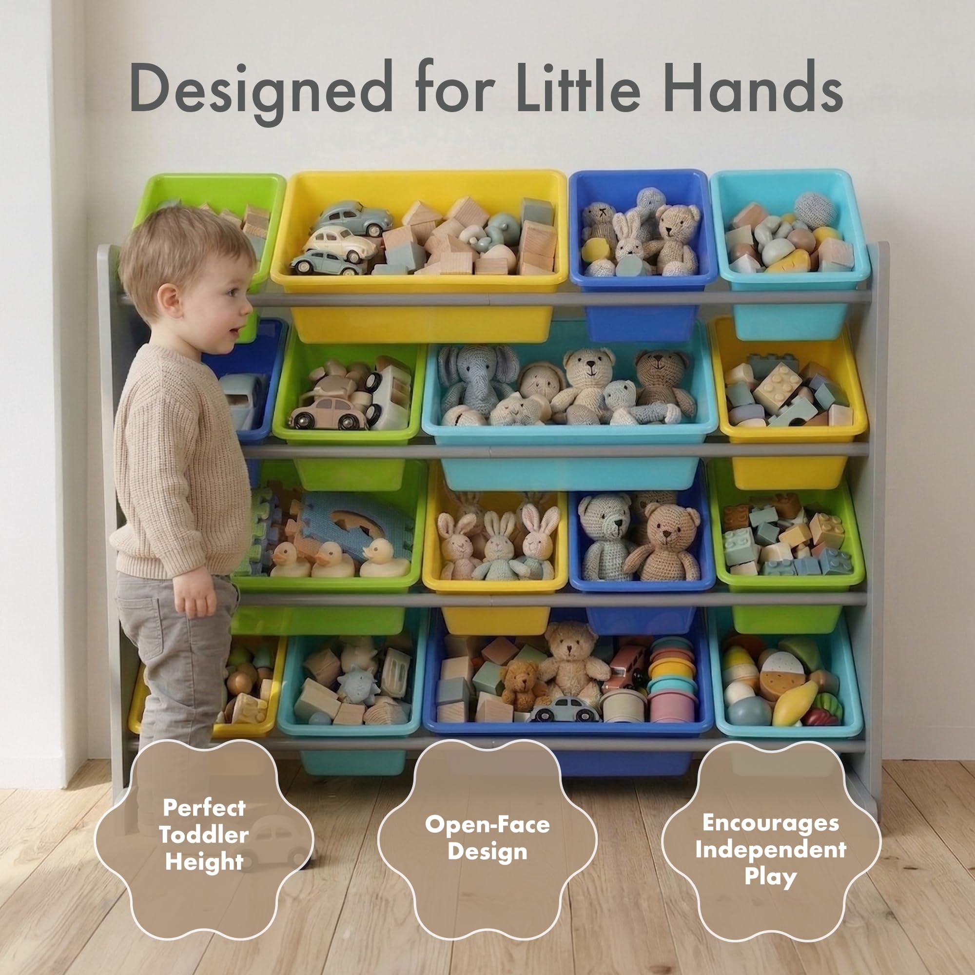 Humble Crew Organizer Giocattoli Bambini: 16 Scomparti Vivaci Grigio/Blu/Verde/Giallo, Design Moderno, Ideale per Camerette Allegre e Ordinate