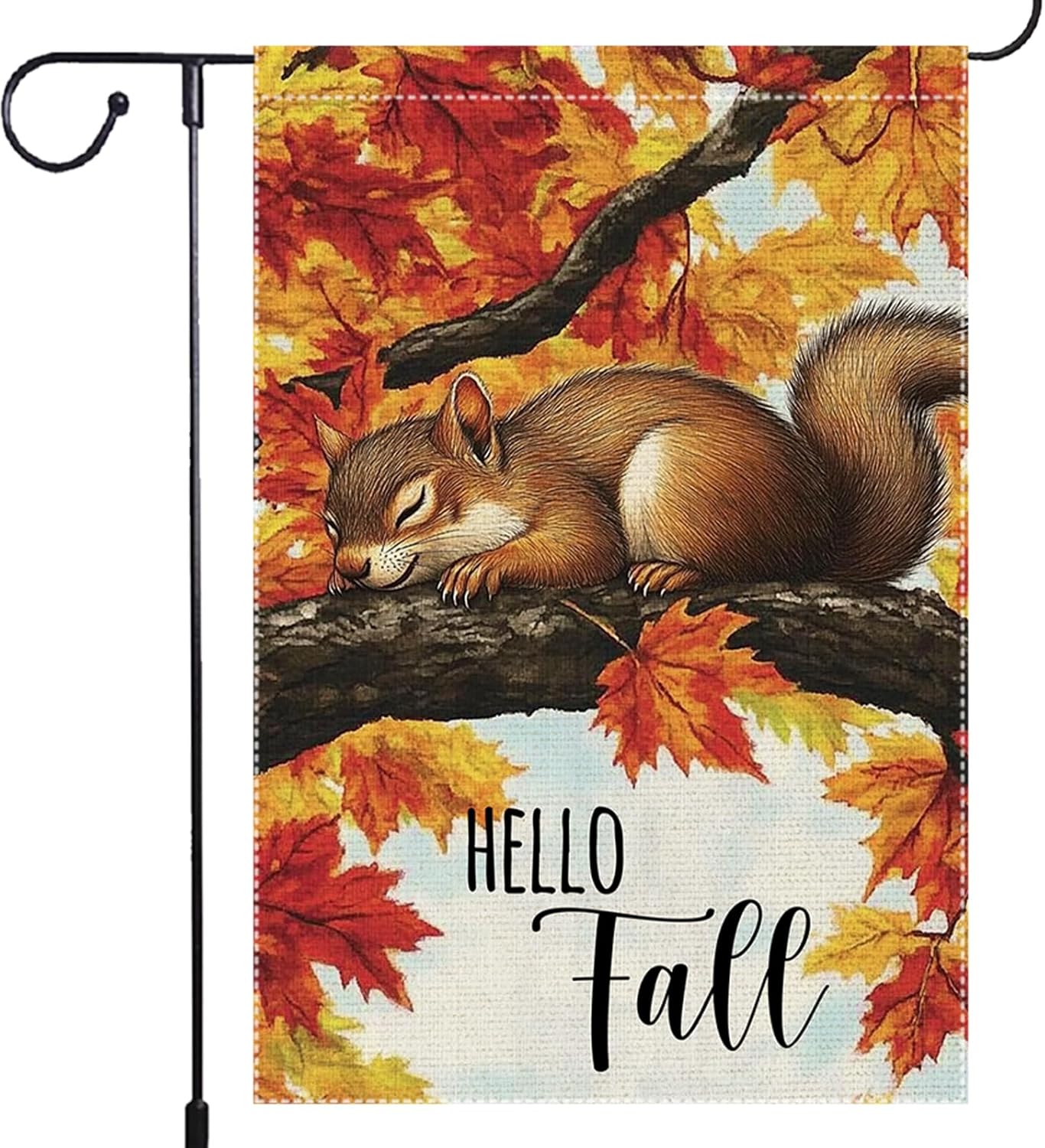 Hello Fall Garden Flag, Maple Tree Squirrel Garden Flags 12x18 Inch Double Sided Small Burlap Autumn Farmhouse Home Lawn Outside Thanksgiving Decoration