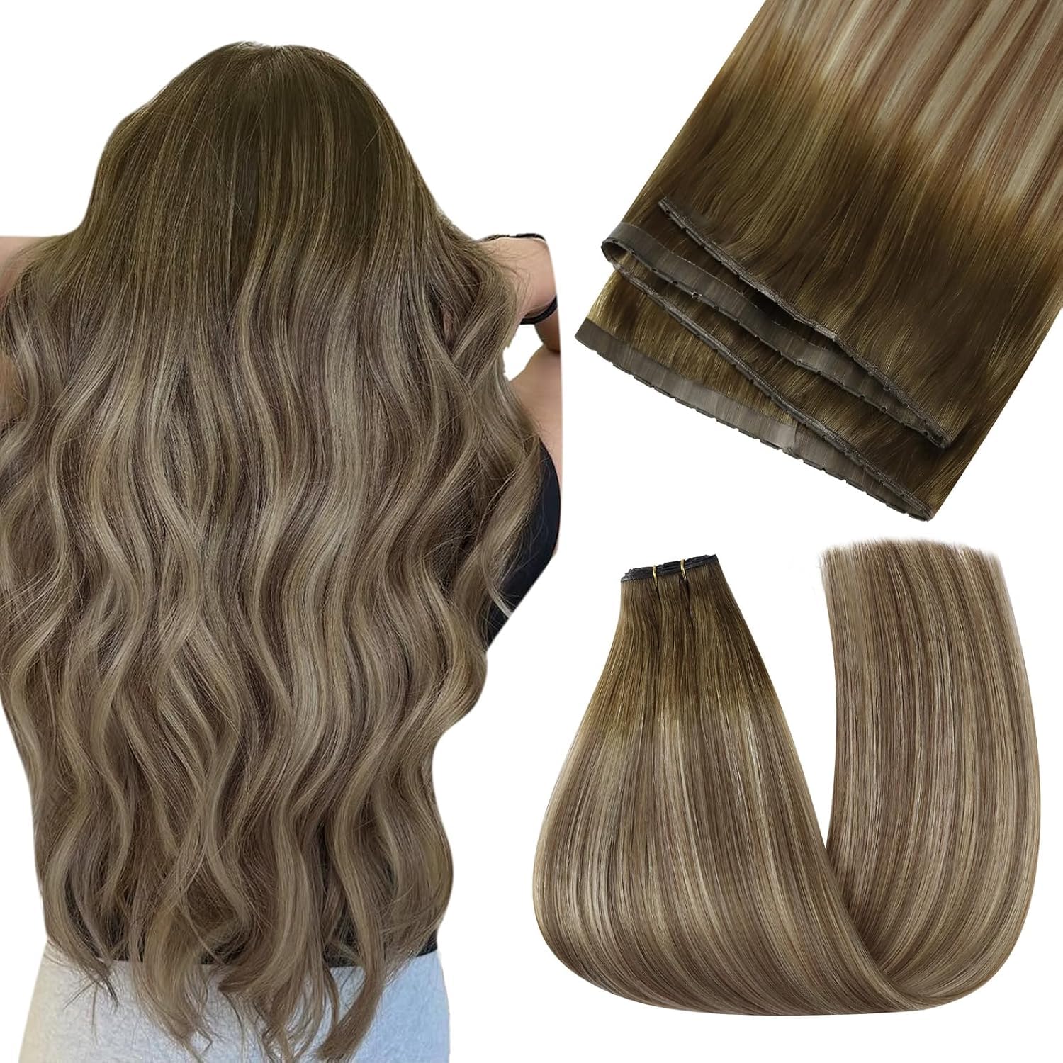 Easyouth Butterfly Tressen Extensions Echthaar Balayage Butterfly Weft Haarverlängerungen Echthaar Dunkelbraun Ashbraun Ombre Hellblond OVO Weft Extensions Menschenhaar Glätten #3/8/22 100g 50cm