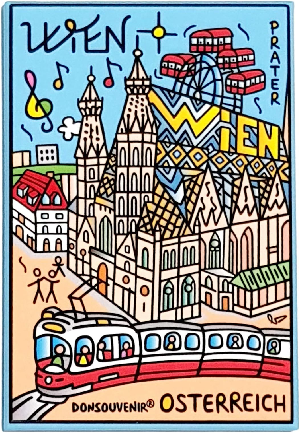 VIENNA FRIDGE MAGNET. SANKT STEPHAN AND PRATER. RED AND WHITE. VINTAGE. DECORATIVE FRIDGE MAGNET. 1 PIECE. 5.4 X 7.8 CM. COLORED PRINTED IMÁN