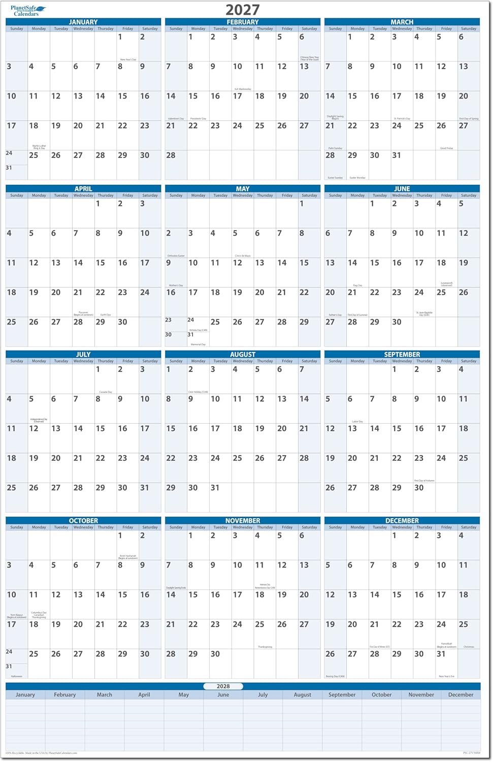 2027 Vertical Premium Dry-Erasable Wall Calendar 48" x 32" with Next Year Planning Area. Marker and Eraser included