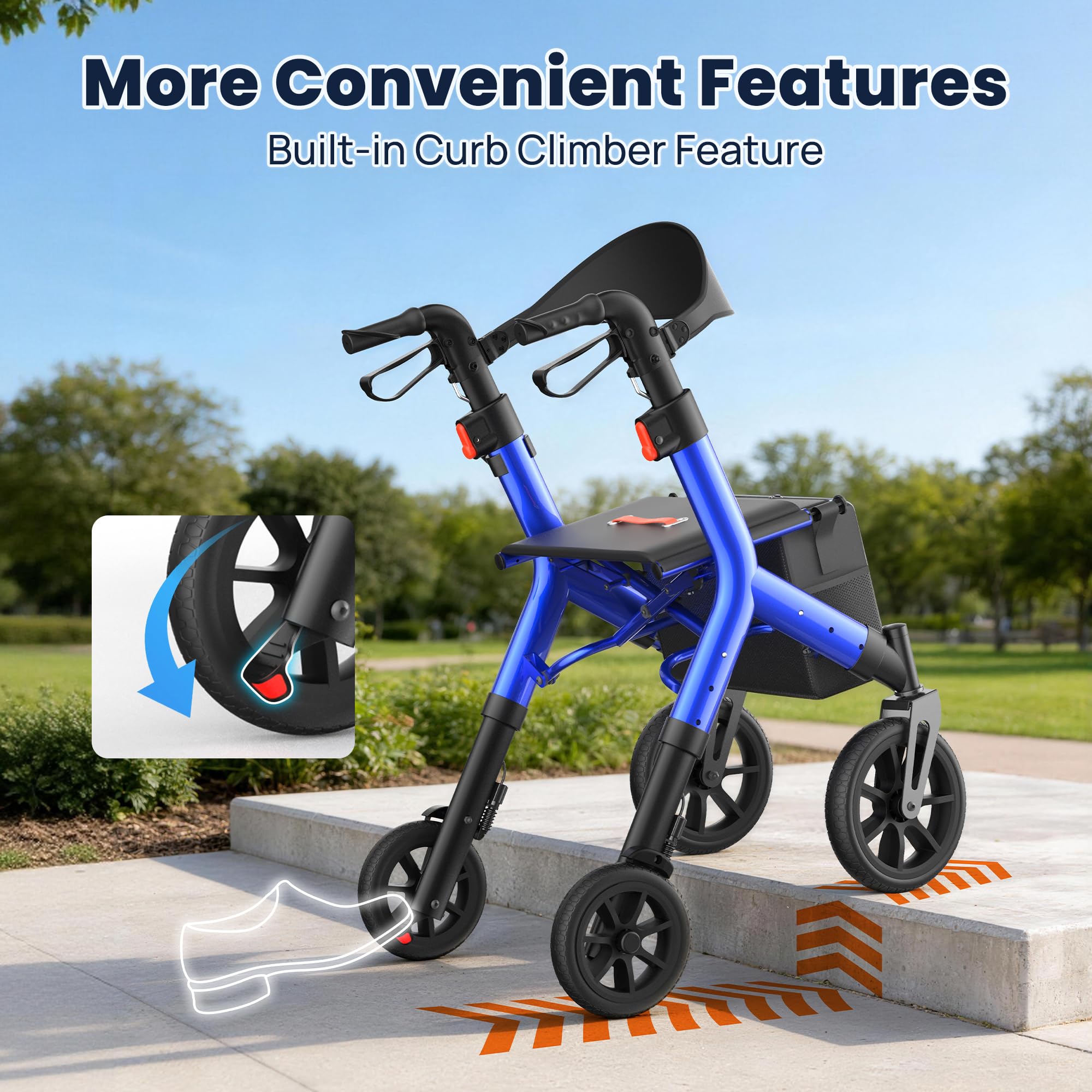 WALK MATE Deambulatore deambulatore per anziani con sedile per 5,3 ~ 2,1 m di altezza | Sedile regolabile in altezza, cavo integrato, ruote da 25,4 cm, design pieghevole leggero e compatto, capacità 136 kg, blu