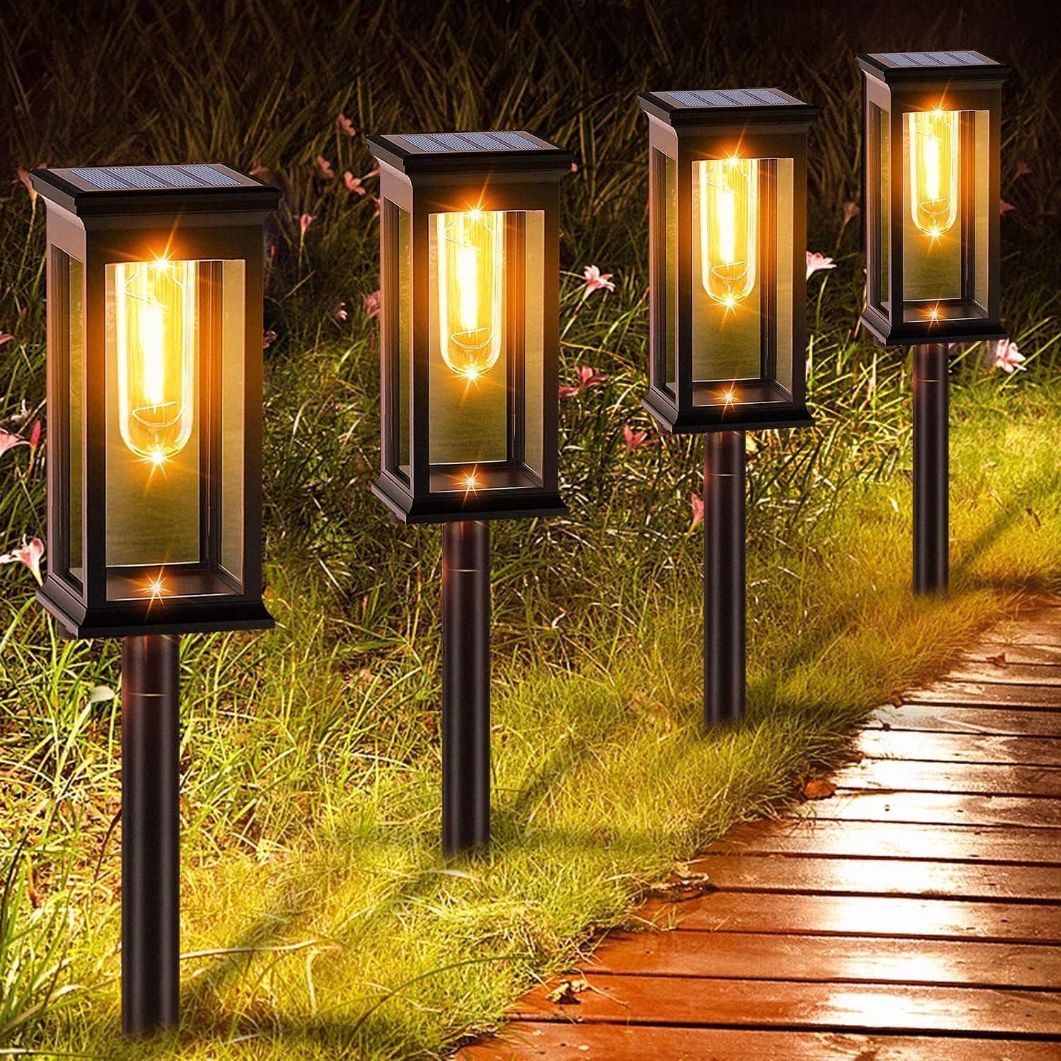 8 Piezas Luces Solares Led Exterior Jardin, IP65 Luces Solares Jardin, Mejorada LED Luz Solar Exterior Jardín para Patio, Camino, Césped, Blanco Cálido