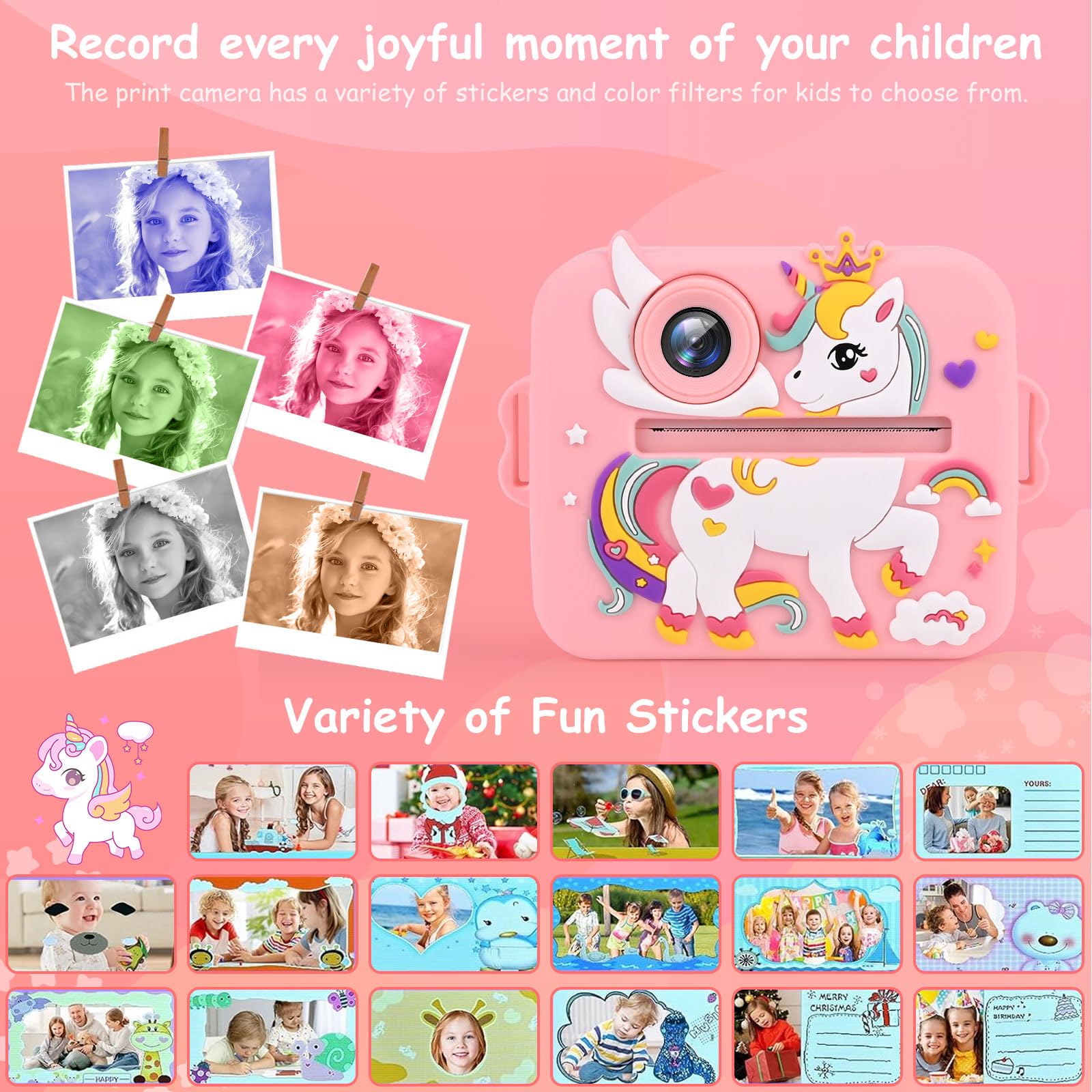 Euakee Appareil photo instantané pour enfants 2,4 avec carte de 32 Go, papier photo imprimé et stylos de couleur, cadeau pour enfants de 3 à 12 ans
