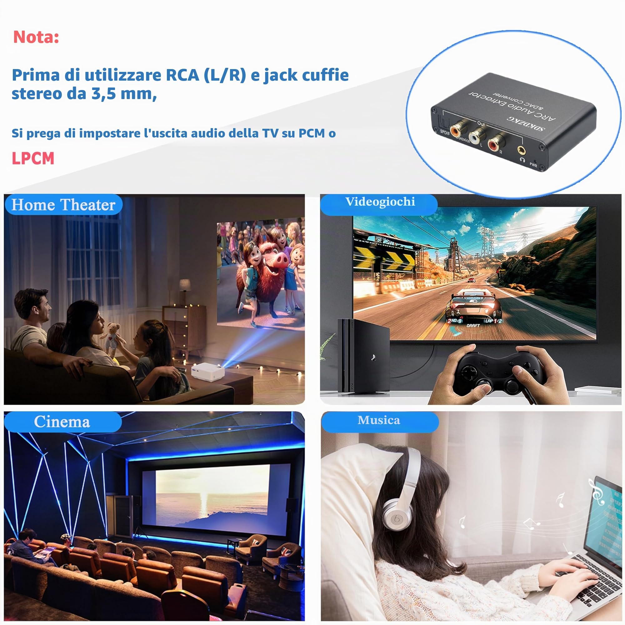 Transduttore DAC HDMI ARC, estrattore audio HDMI/SPDIF ottico Toslink a RCA 3,5 mm Jack L/R, adapter audio per amplificatore HDTV