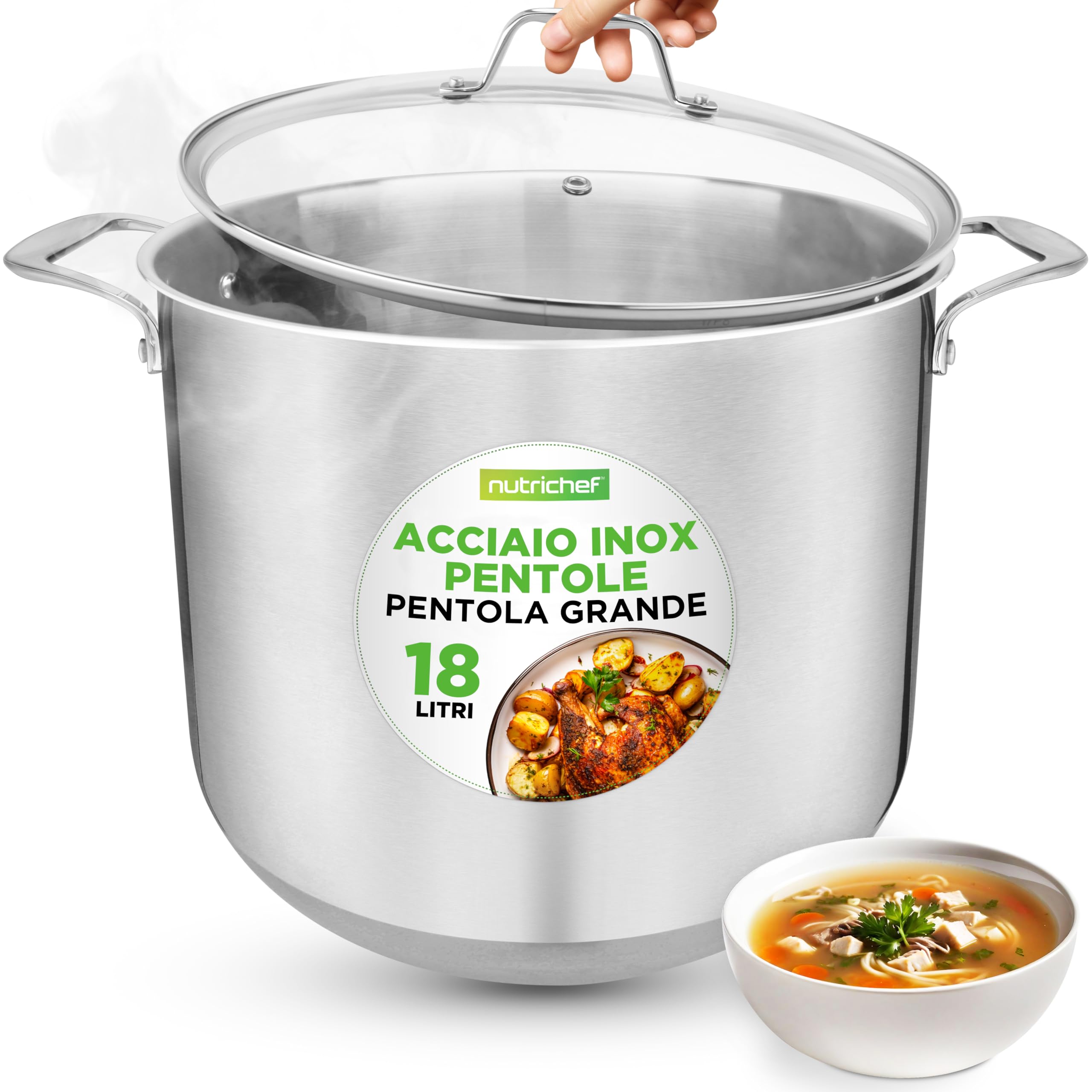 NutriChef Pentola in Acciaio Inox da 18 Litri, Grado Alimentare 18/8, Pesante, Adatta per Induzione, Ideale per Stufati, Cottura Lenta e Zuppe, con Coperchio Trasparente e Lavabile in Lavastoviglie
